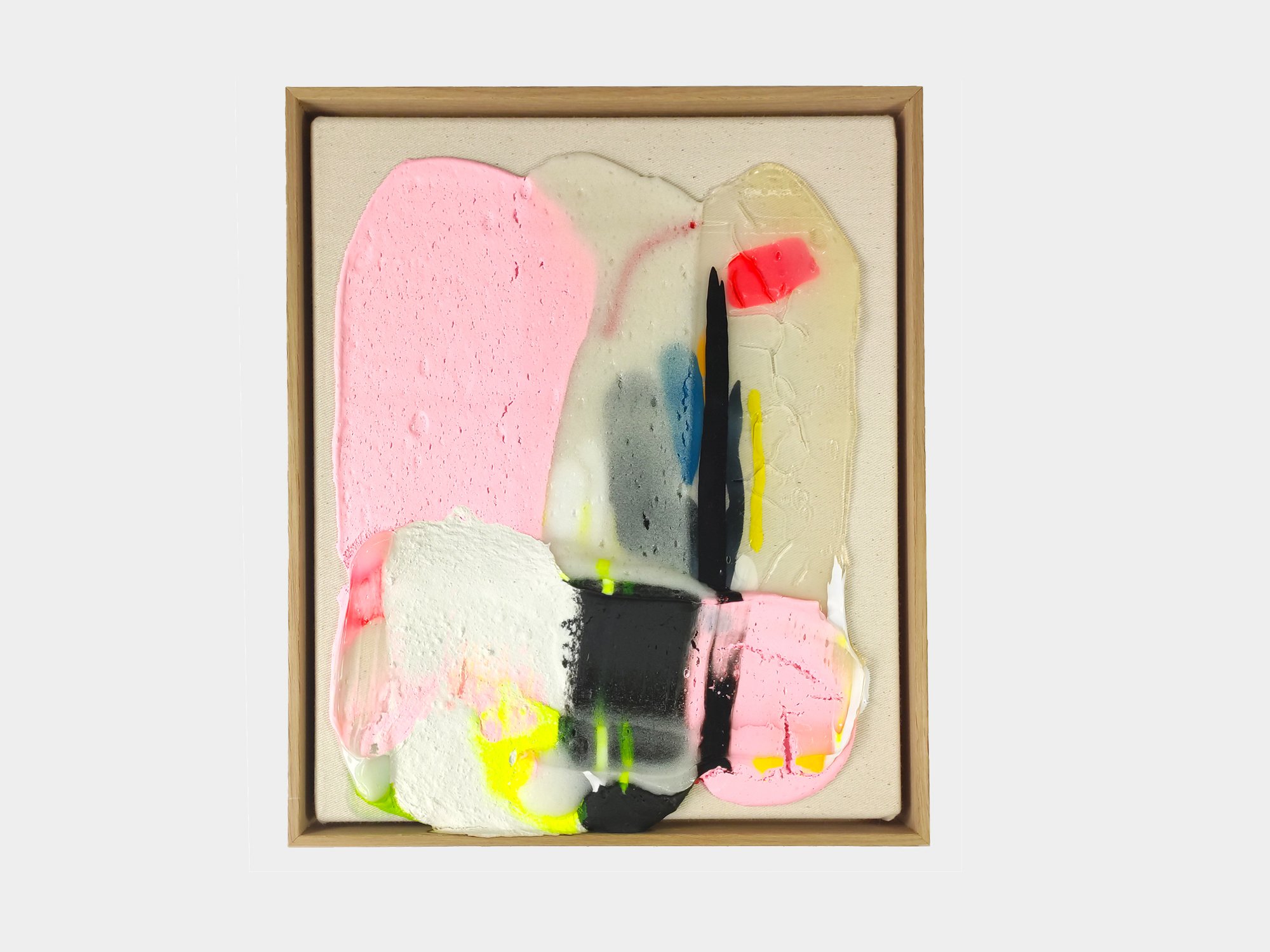 Contemporary mixed media painting by Karen van de Vliet with layered pink, white and translucent forms, contrasted by black elements and fluorescent yellow accents, framed in oak.