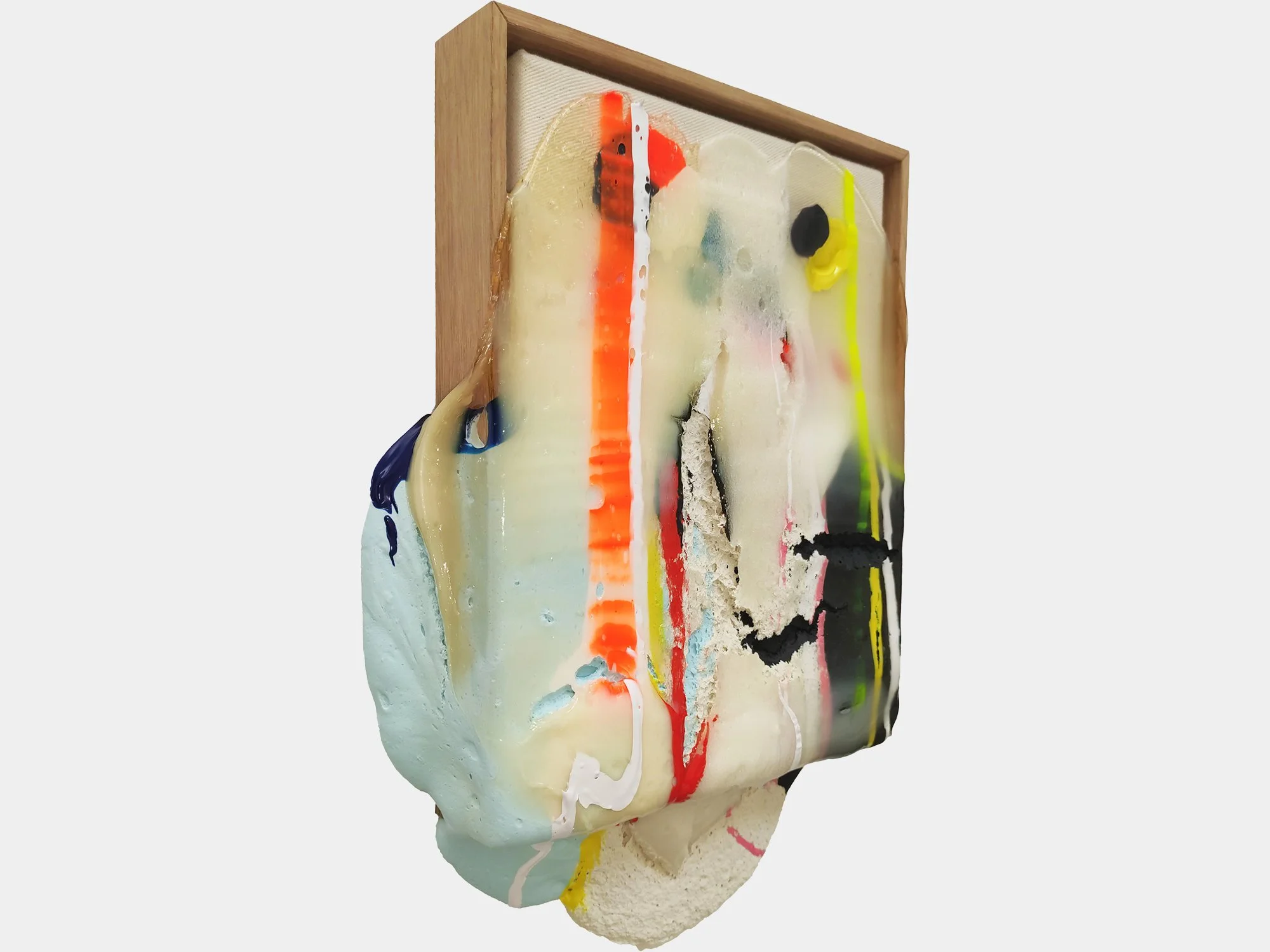 Angled view highlighting the irregular edges, layered structure and sculptural surface of the artwork.