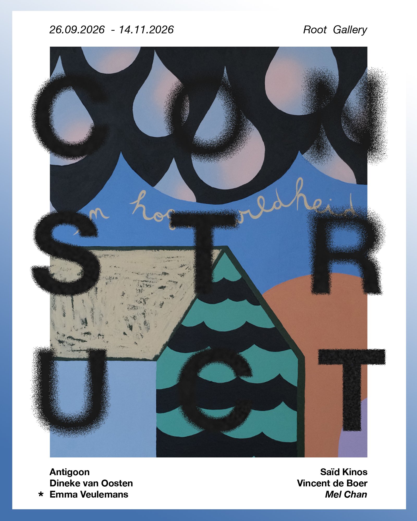 Construct exhibition flyer featuring a colourful painting by Belgian artist Emma Veulemans at Root Gallery.