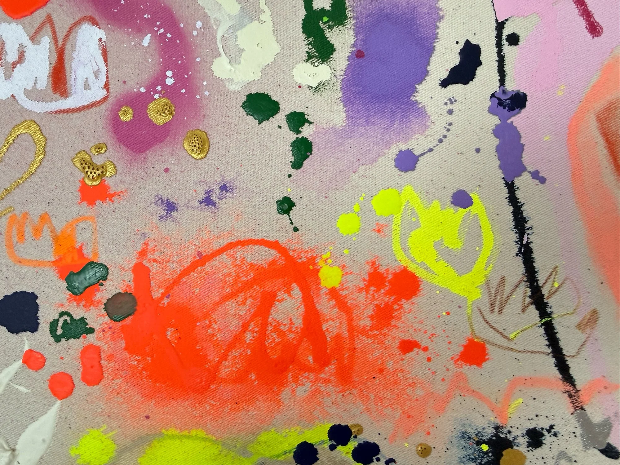 Intense orange and neon yellow gestures surrounded by small navy droplets.