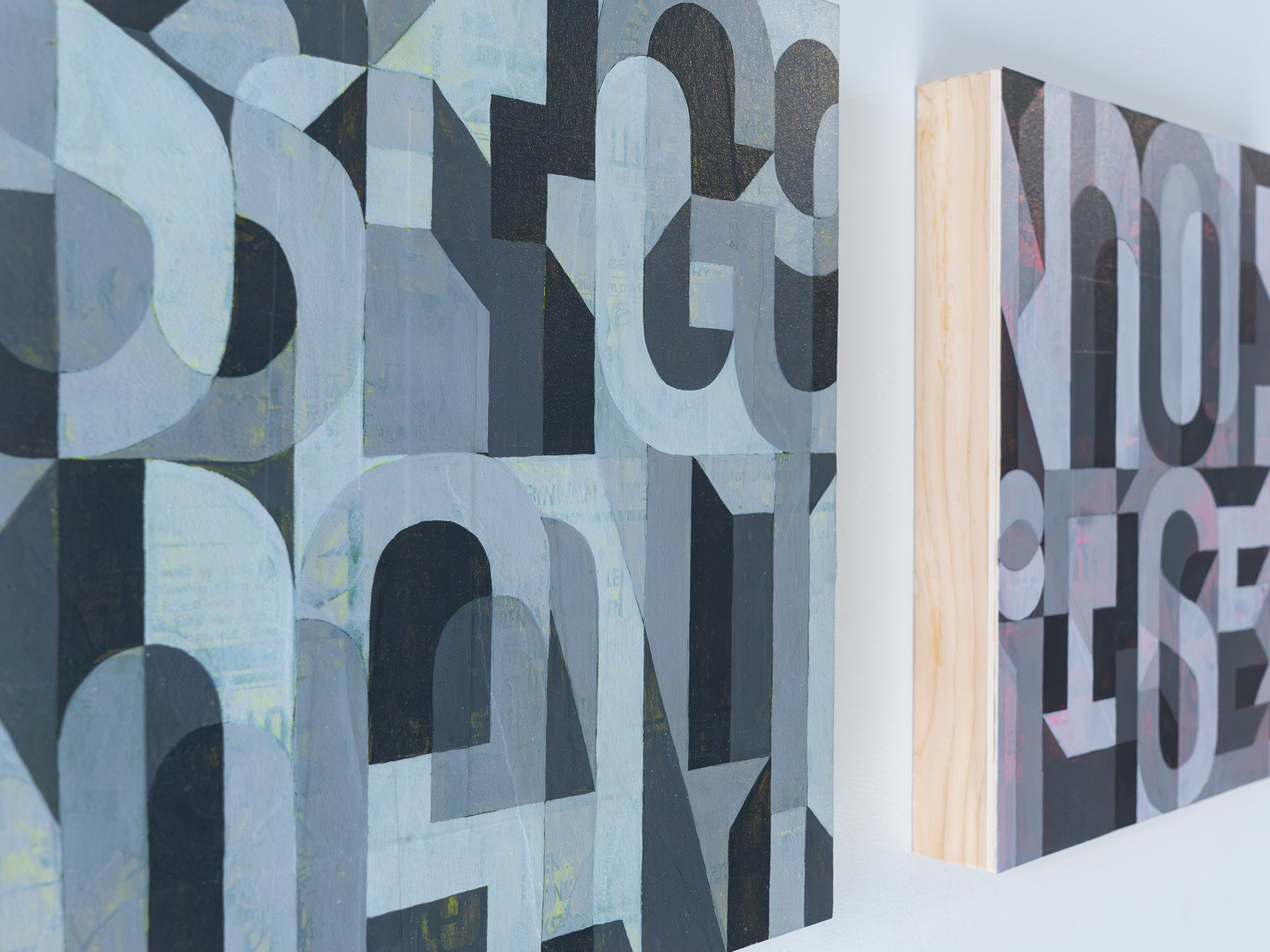 Saïd Kinos’s Signal and Noise, two square painted collages on wood displayed side by side.