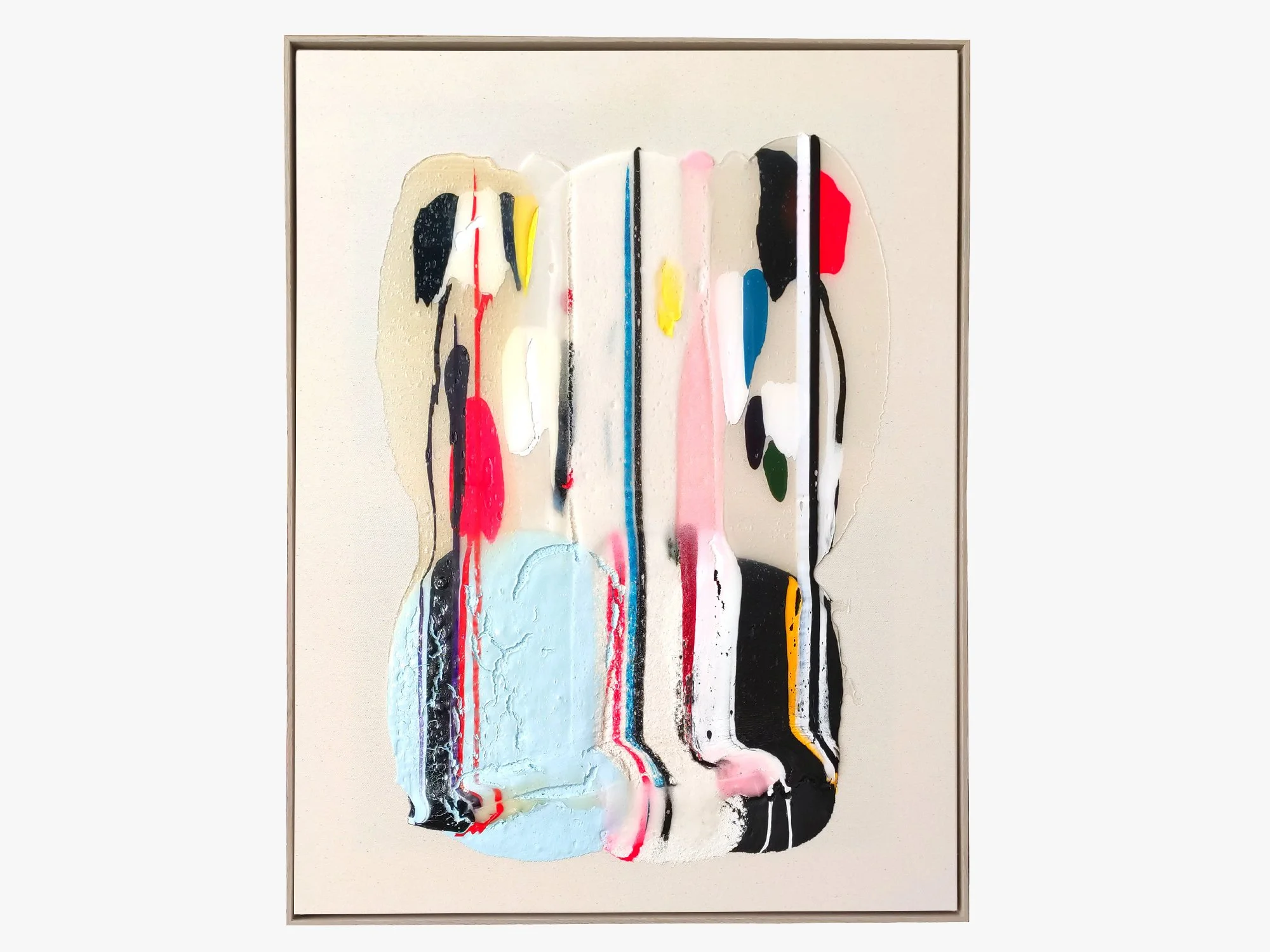 Contemporary abstract painting with blue, white and pink layers.