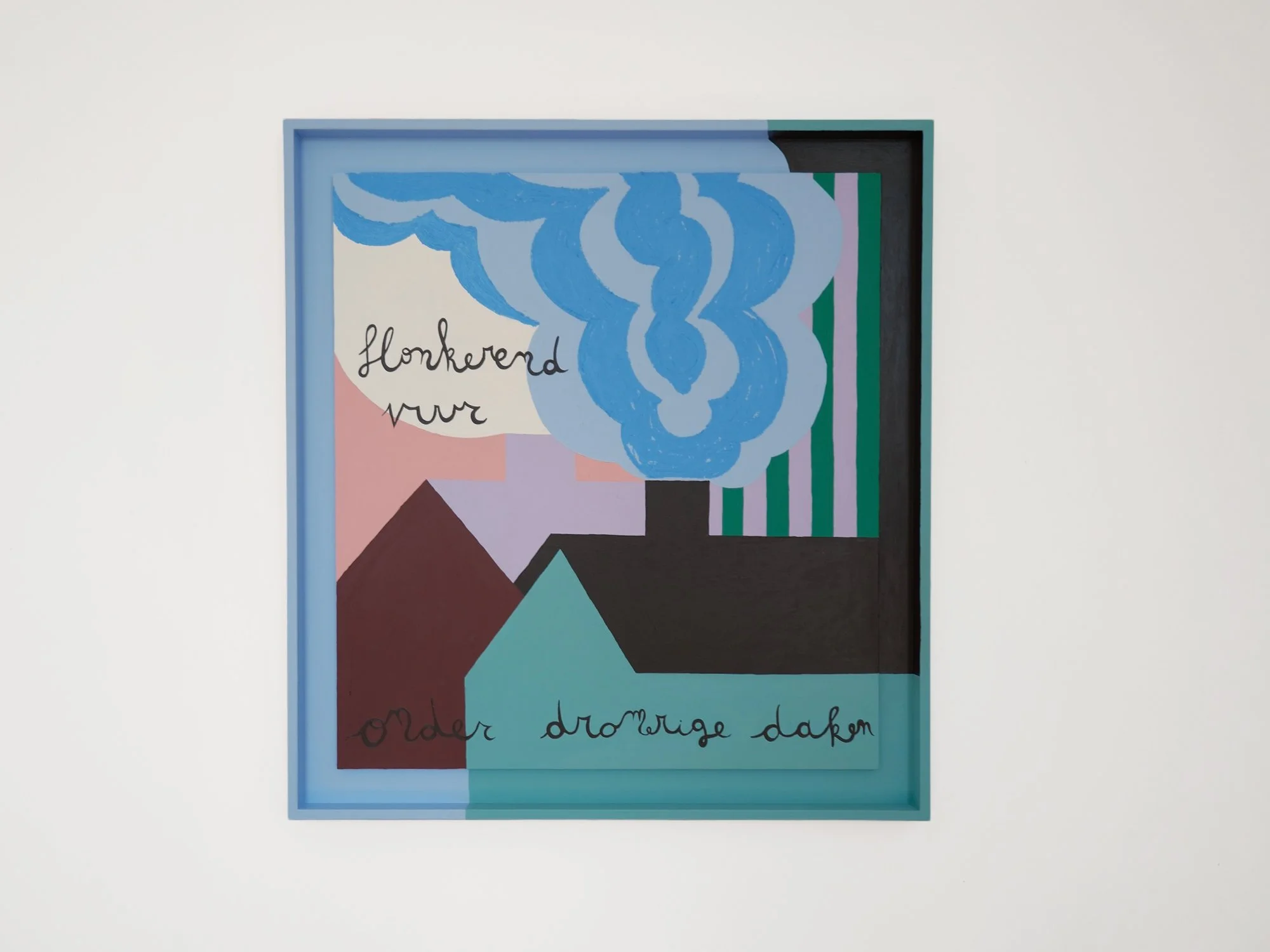 Eigen Haard Is Goud Waard by Emma Veulemans, with overlapping rooftops, blue clouds and handwritten text