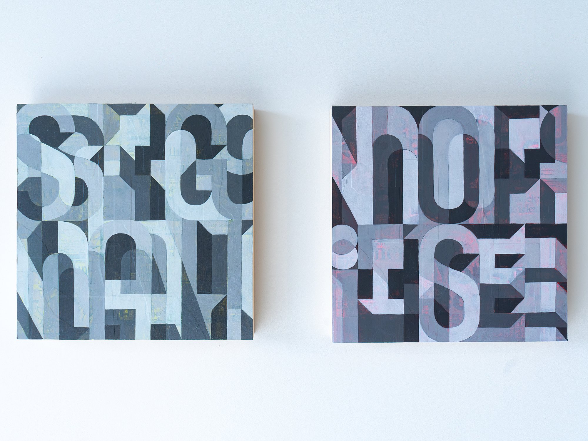 Angled view of Signal and Noise by Saïd Kinos, showing the painted surfaces and thickness of the wood panels.