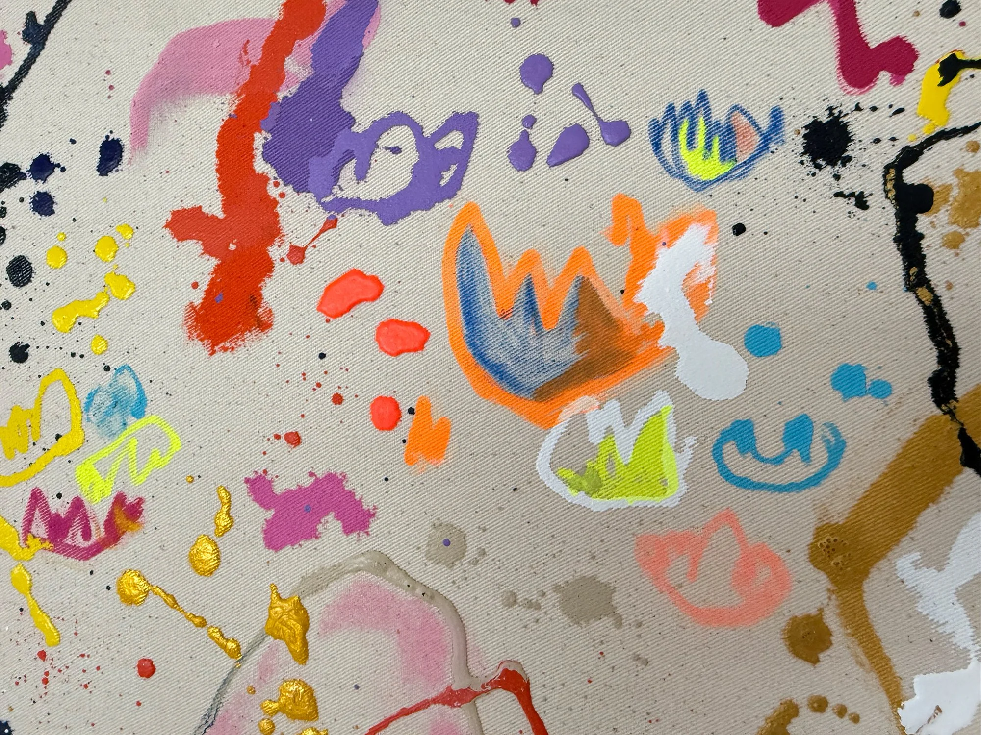 Vertical orange-red brushwork surrounded by translucent pink and purple colour.