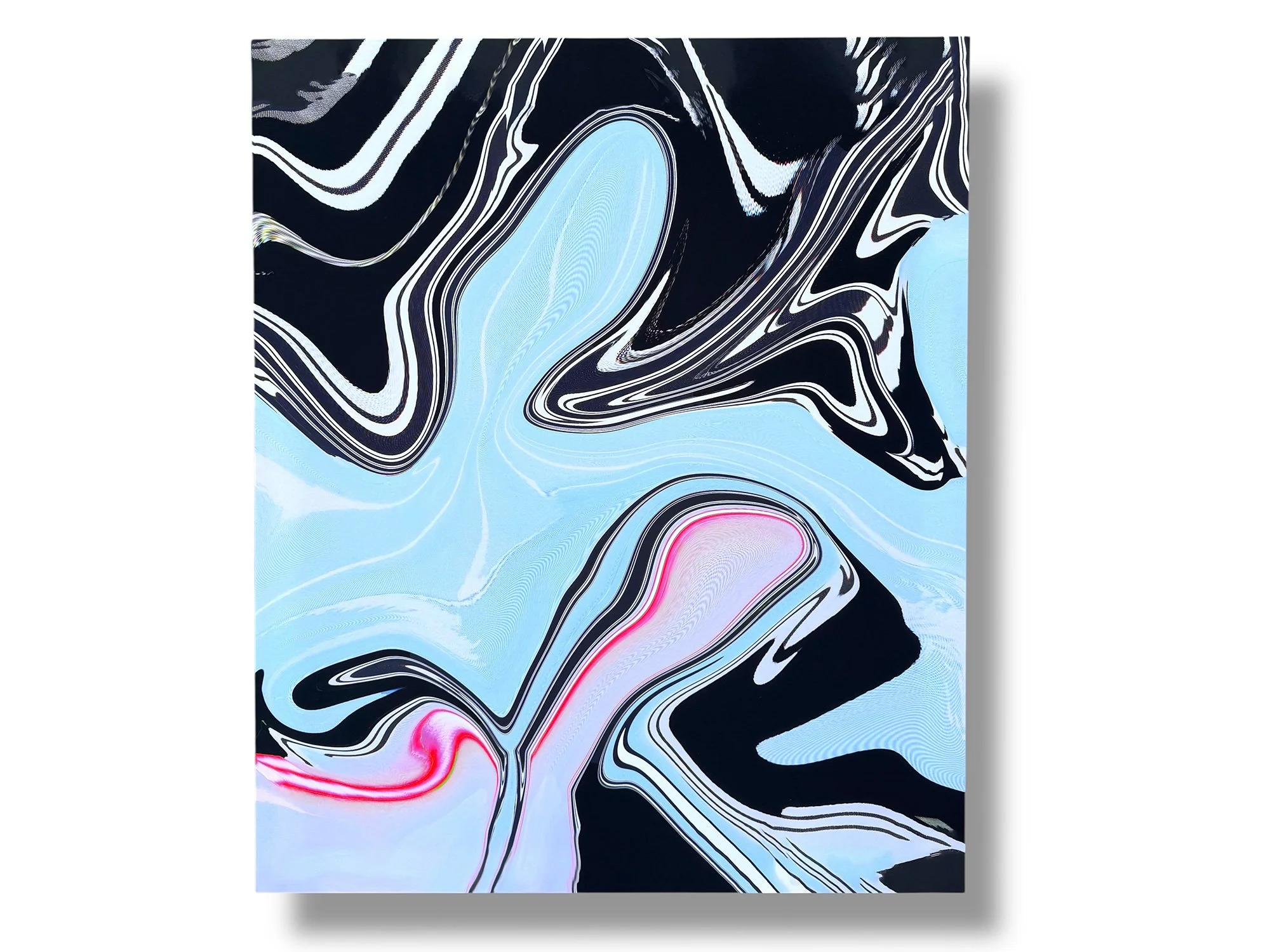 The painting Interference (2025) by Noah Arends, 120 x 100 cm, acrylics and mixed media on canvas, displayed on a white wall.
