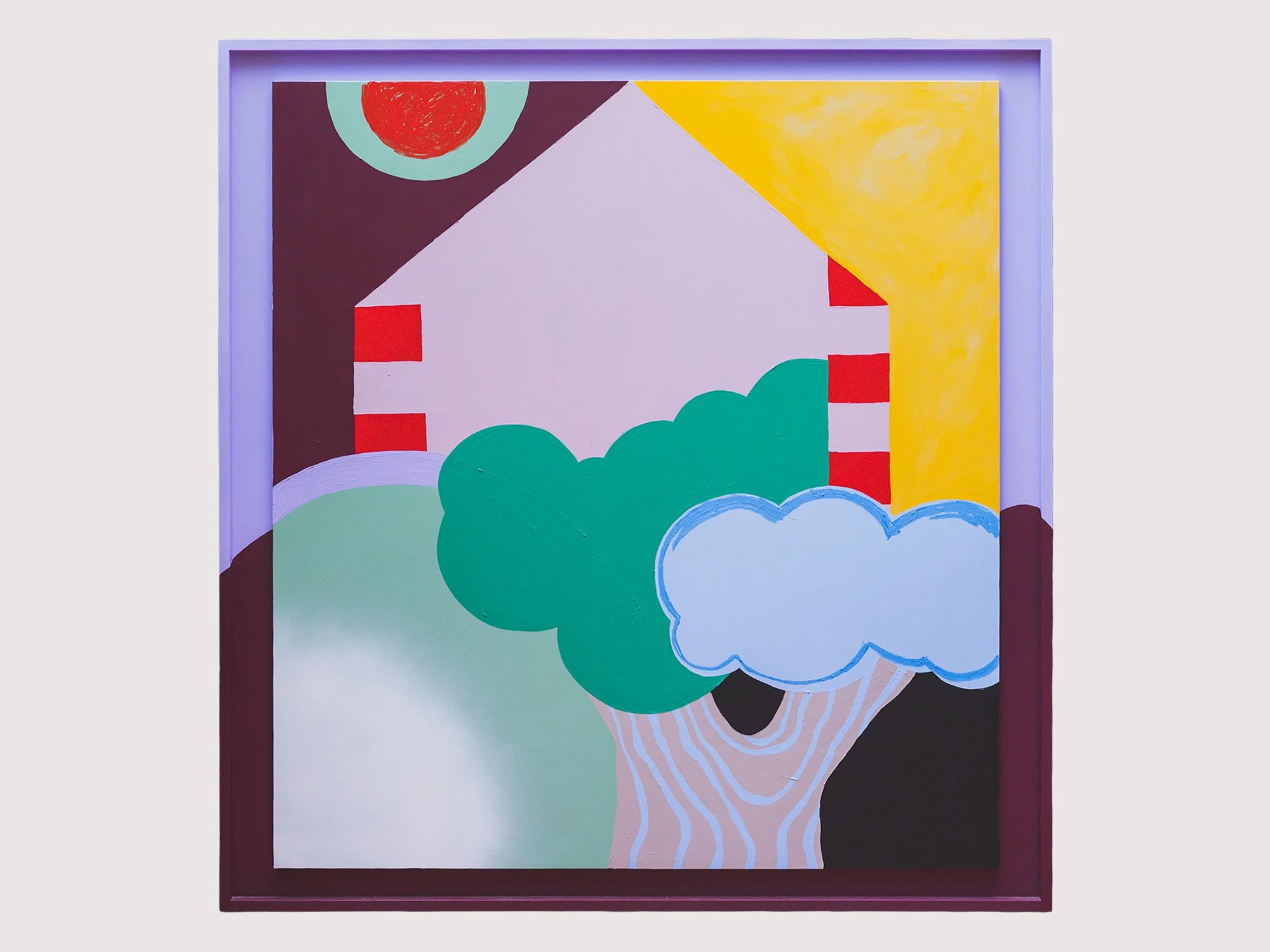 Large contemporary painting of a white house and tree in green, yellow, burgundy and lilac by Emma Veulemans