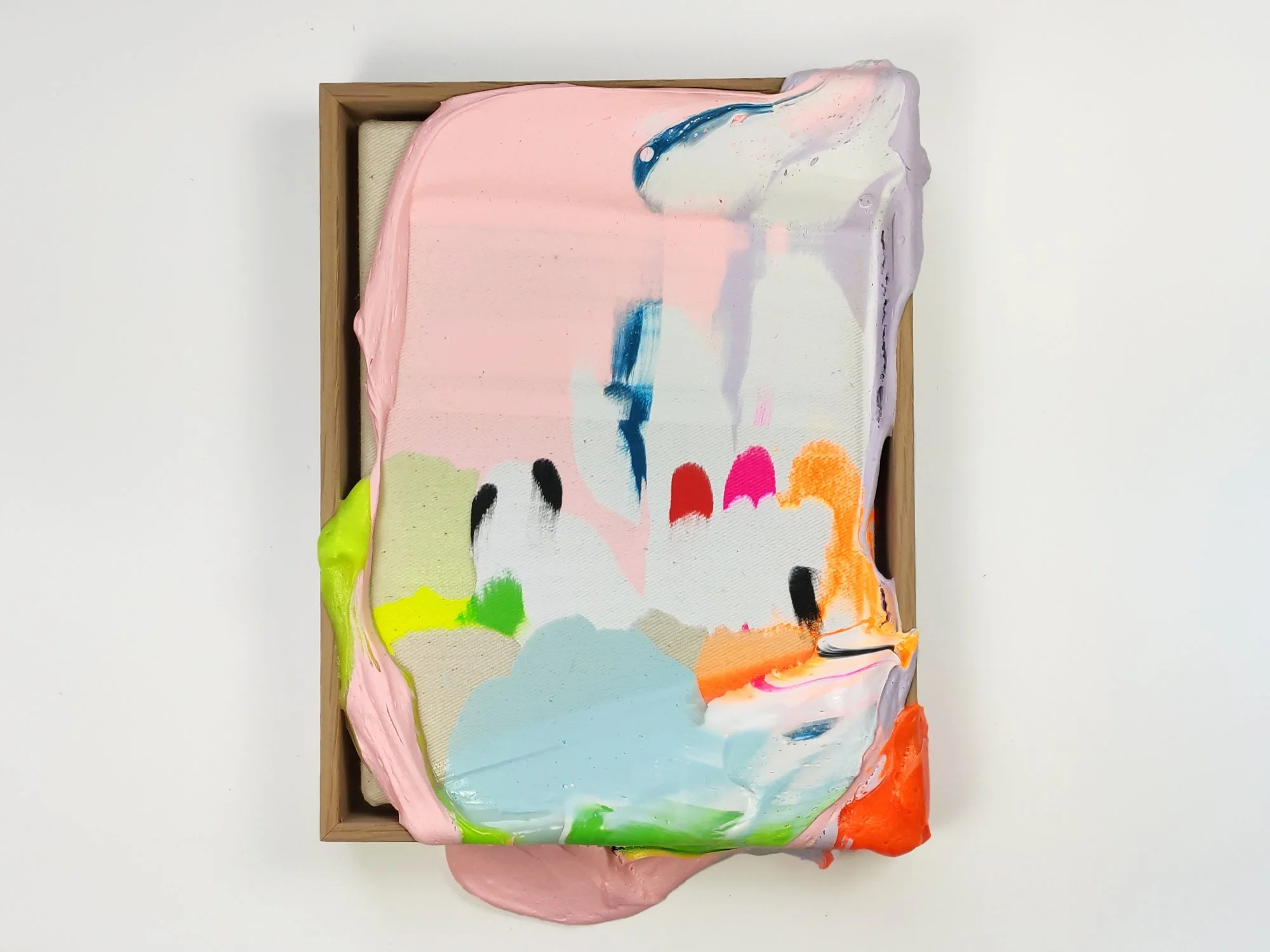 Poppie painting by Karen van de Vliet displayed on a white wall, with layered paint, acrylic mediums and sand creating a textured sculptural surface.