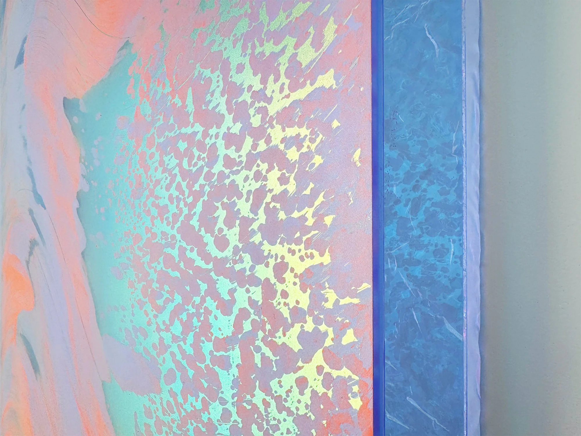 Detail of overlapping pink and lilac colour fields in Coachella Views XI by Lisette Schumacher