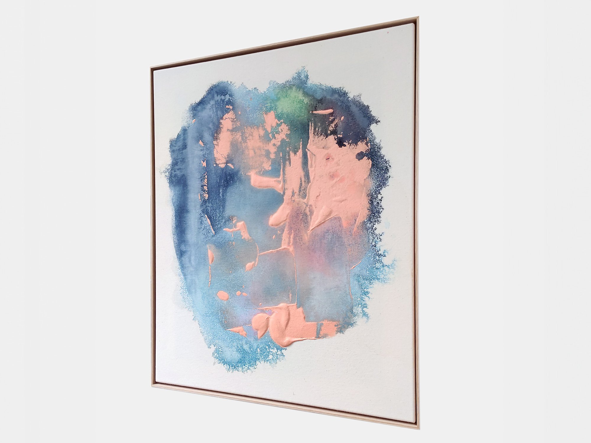Side view of Karen van de Vliet’s painting I Am A Lot Like You, showing the layered texture and subtle depth of the mixed media surface on a stretched canvas with wooden frame