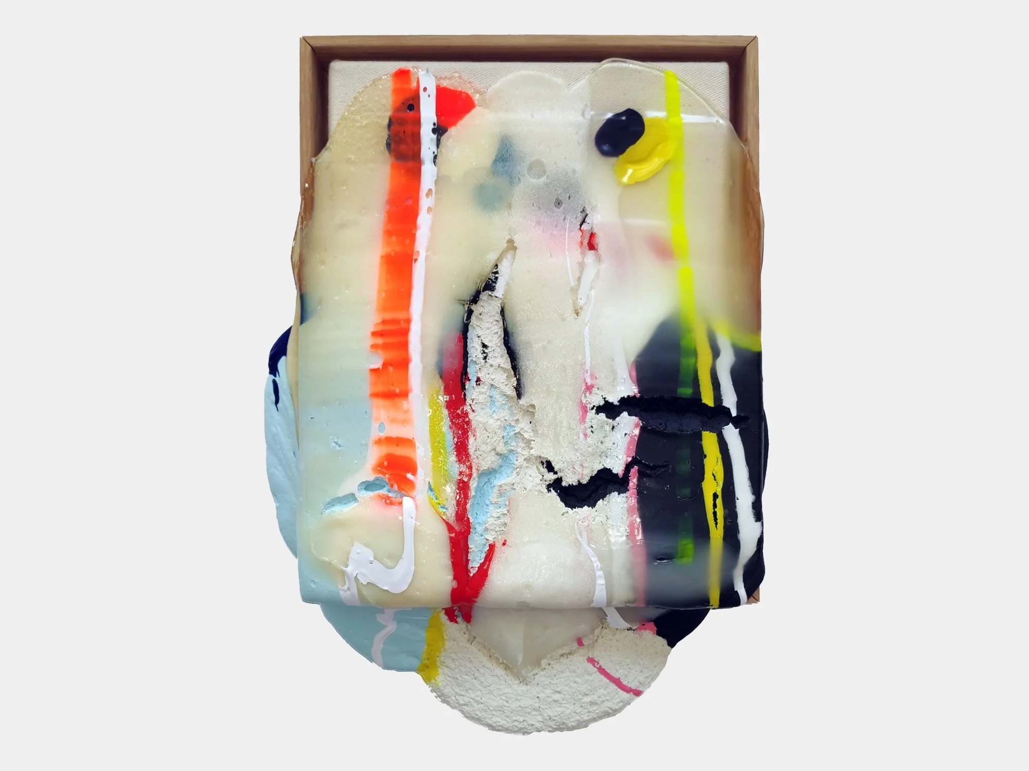 Abstract artwork by Karen van de Vliet with translucent layers, vivid orange and yellow accents, and contrasting textures.