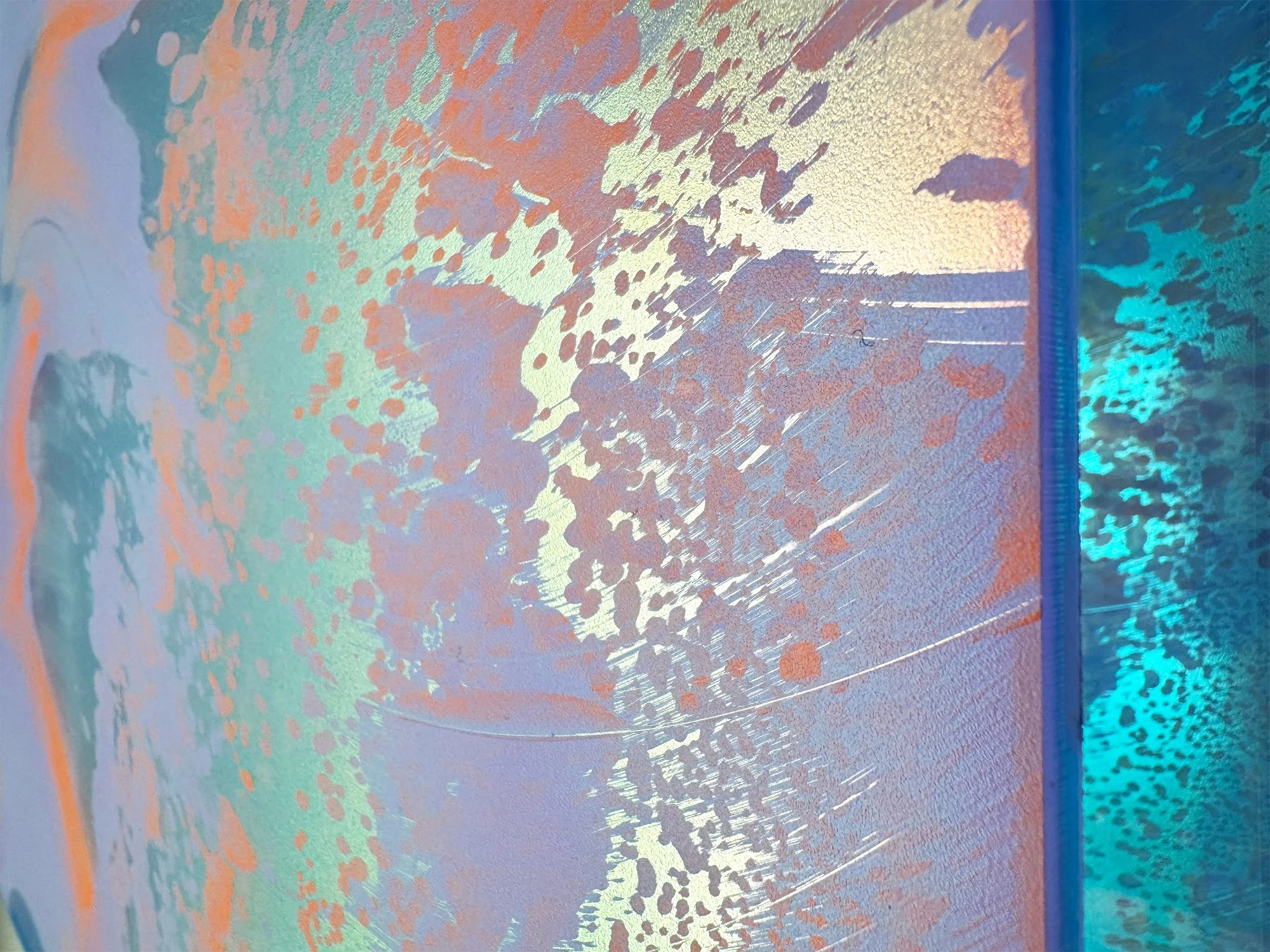 Detail of abstract painting with soft purple, coral and metallic accents, exploring light and movement in the Coachella Valley