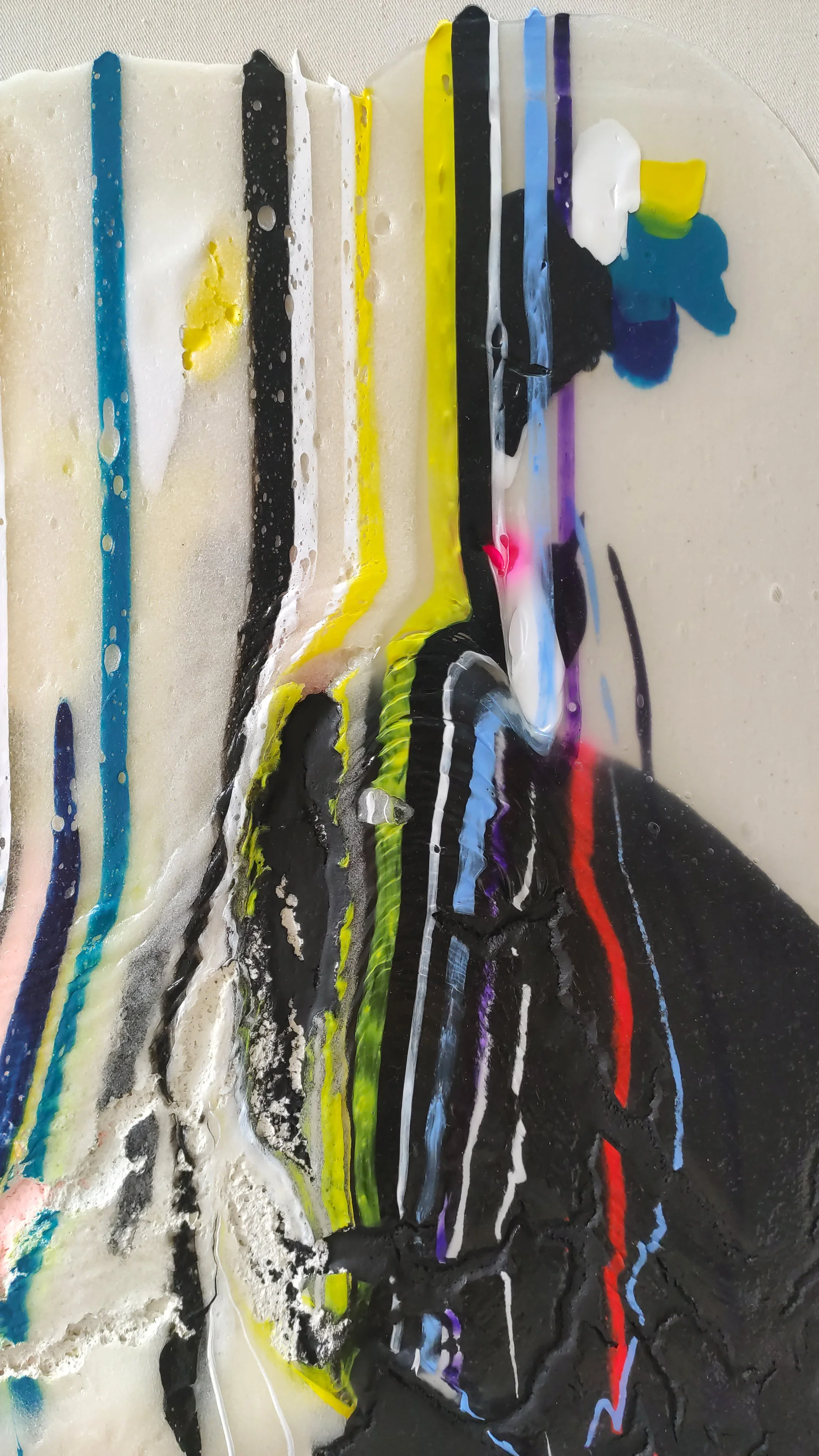 Close-up of vivid coloured lines merging into thick black and translucent paint in Translucent XVIII by Karen van de Vliet.