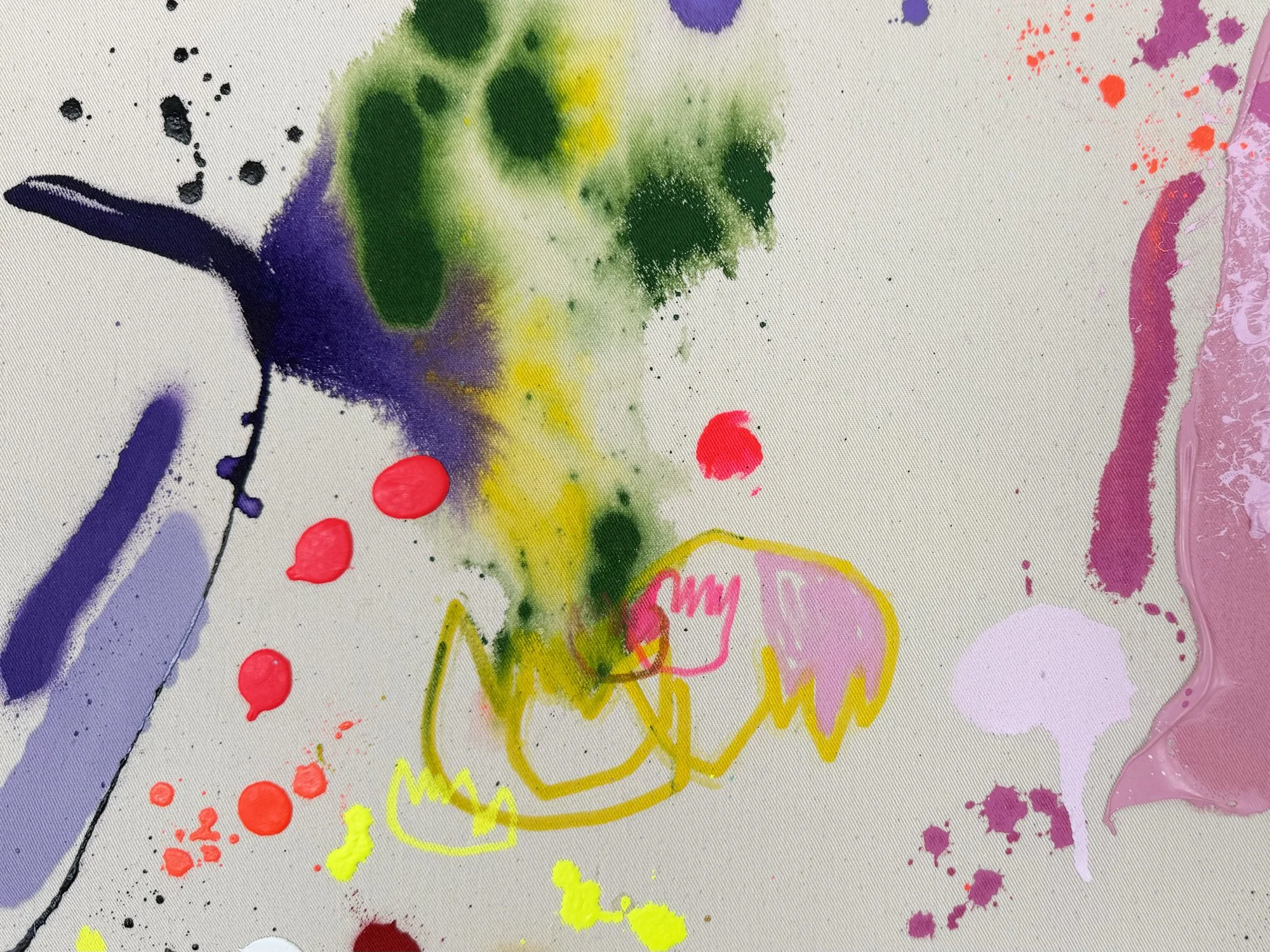 Detail of Frühlingstanz showing deep green paint spreading into raw canvas with purple splashes and fluid pigment transitions