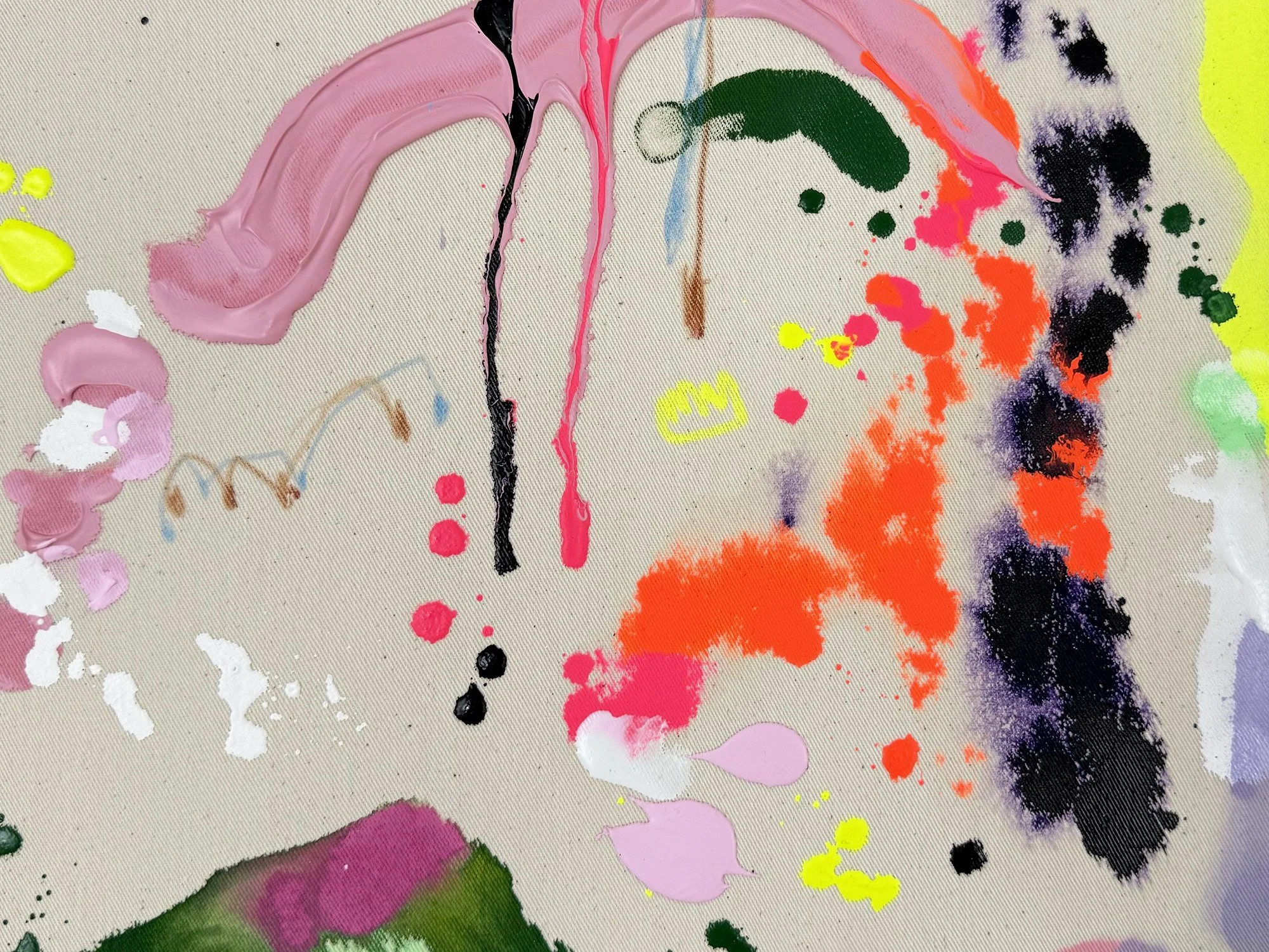 Close-up of splashes and layered paint in an abstract mixed media painting by Vera Klaus.
