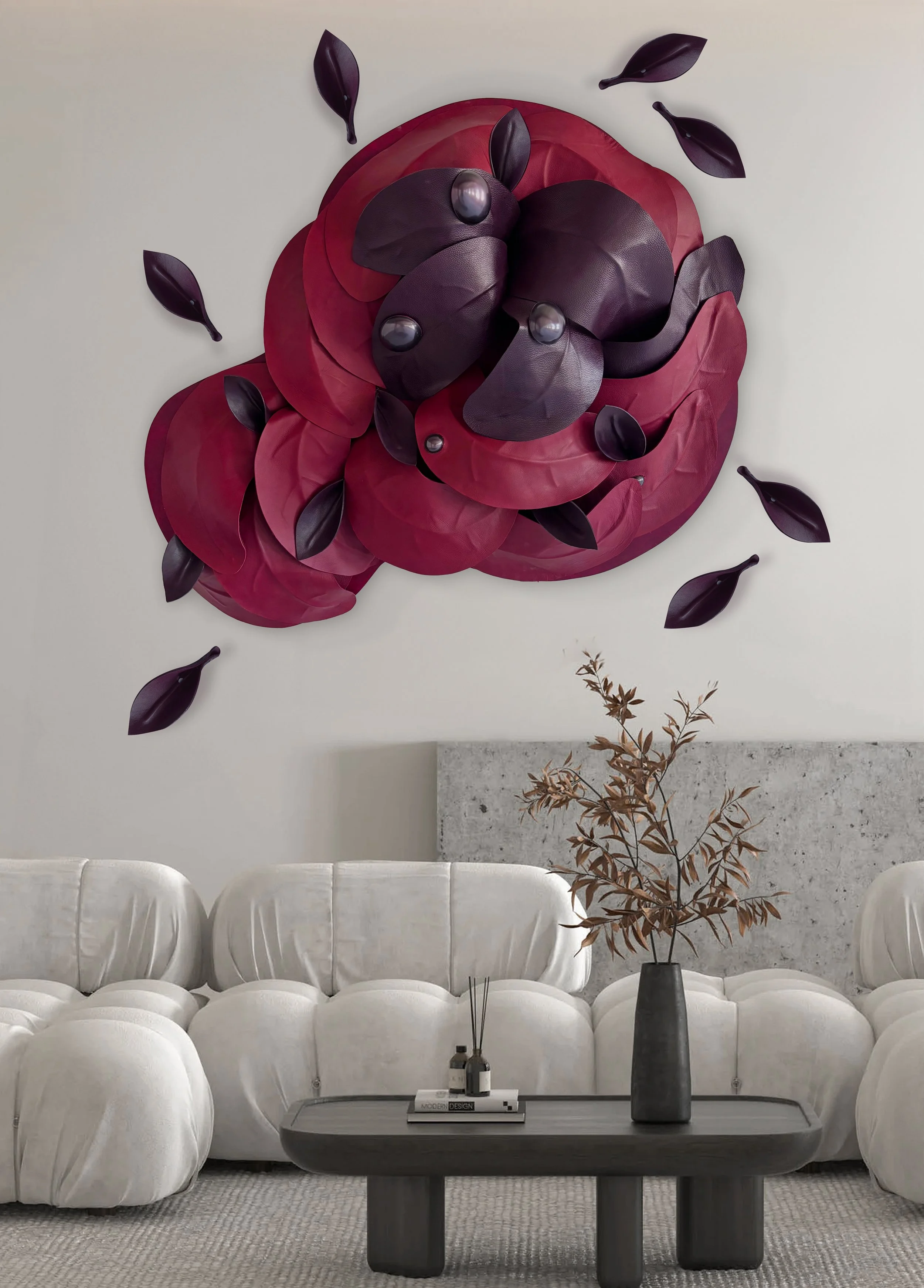 Interior view showing the scale of After the Storm, a sculptural leather wall installation by Madelon Uljee.