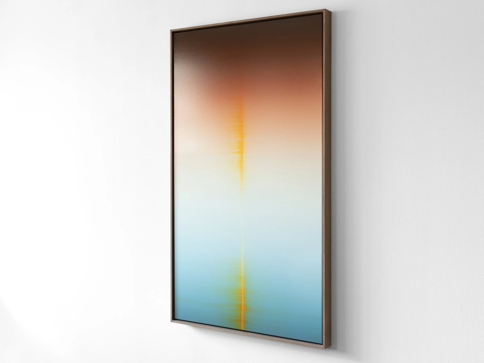 Abstract painting with central vertical line and smooth transition from warm to cool colours