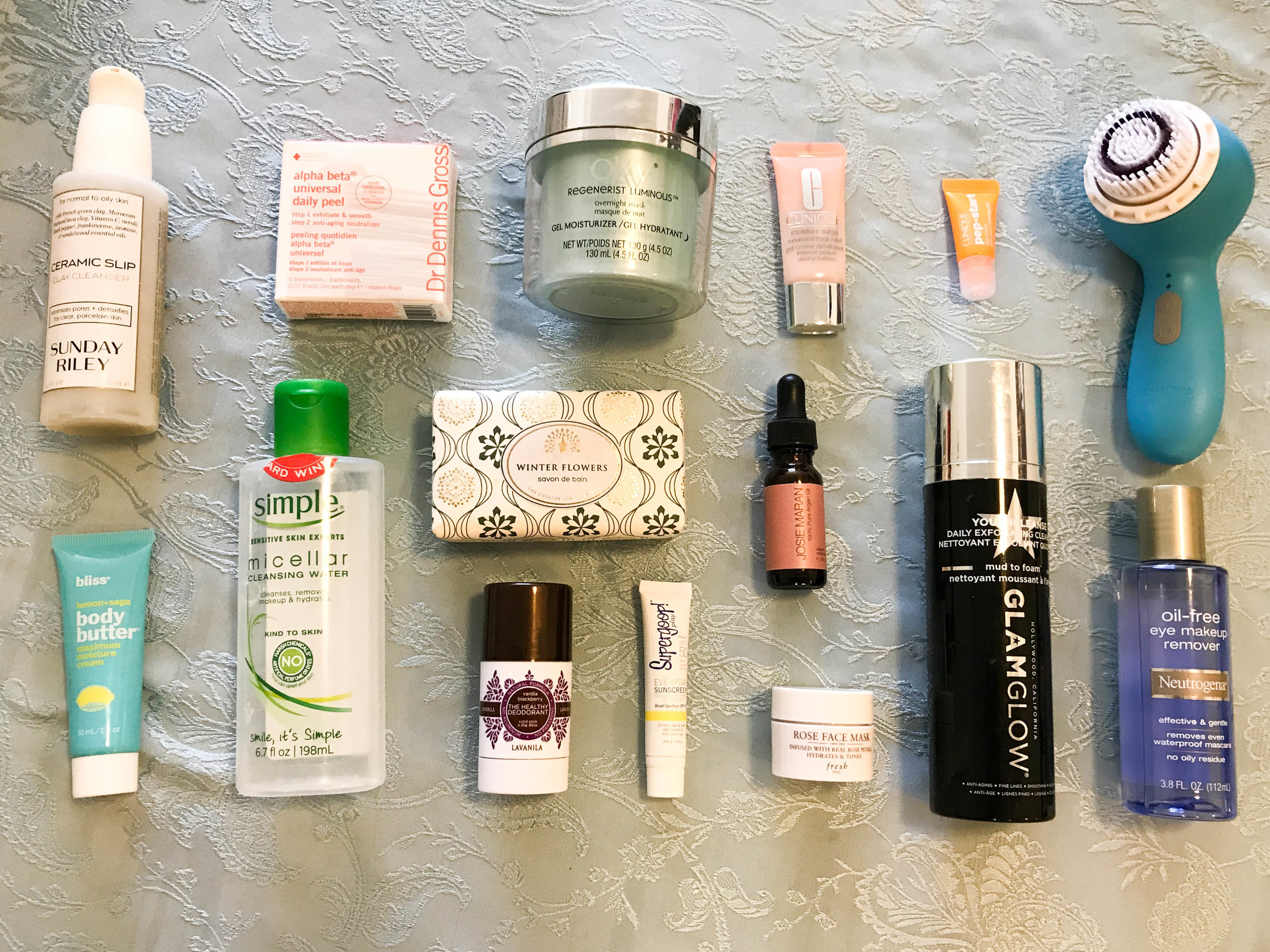 Skincare: 5 products to clean face, 2 masks, 3 to moisturize, soap, deodorant, sunscreen