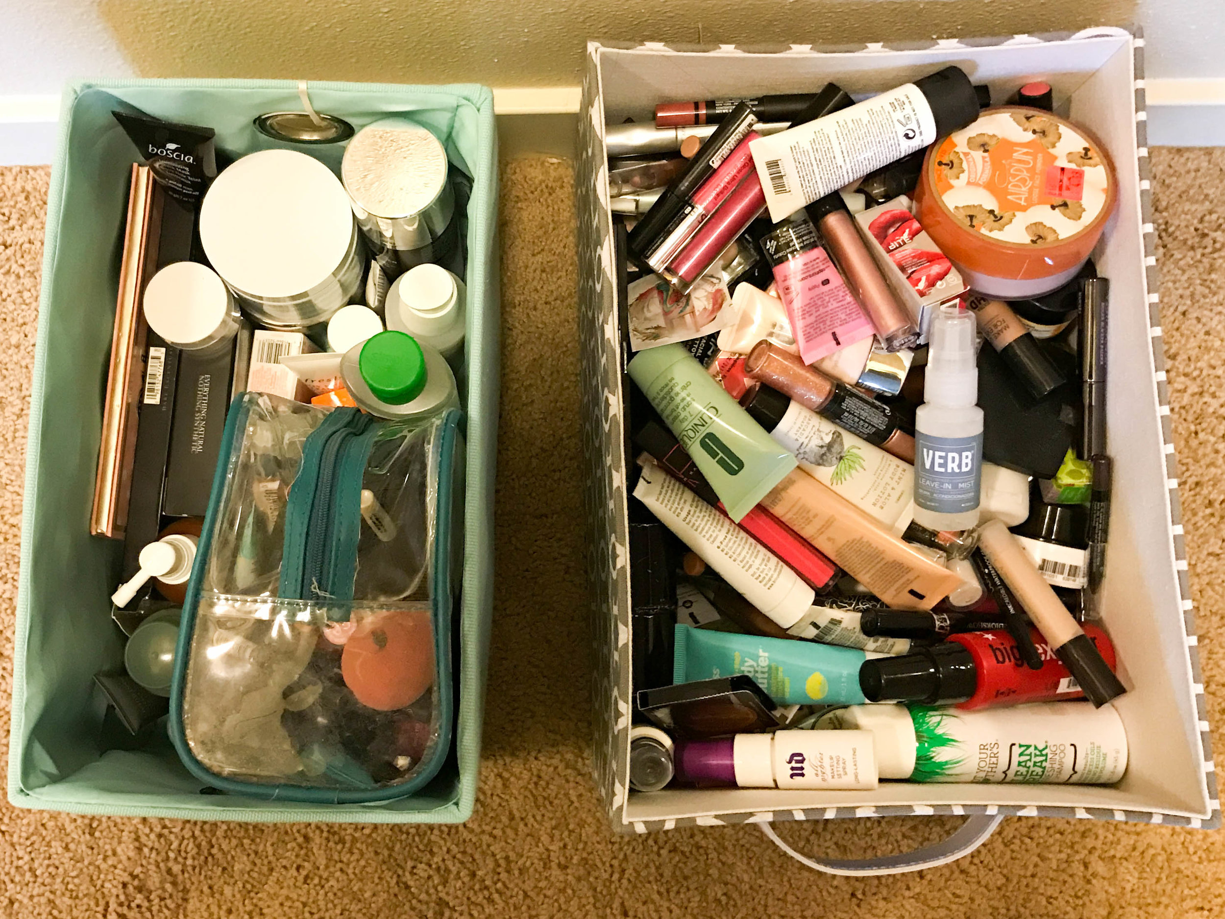 Left is what is being kept and the right side is everything that is being purged. The dimensions of the box on the right is 13.5 in by 9 in and 10.5 in tall.