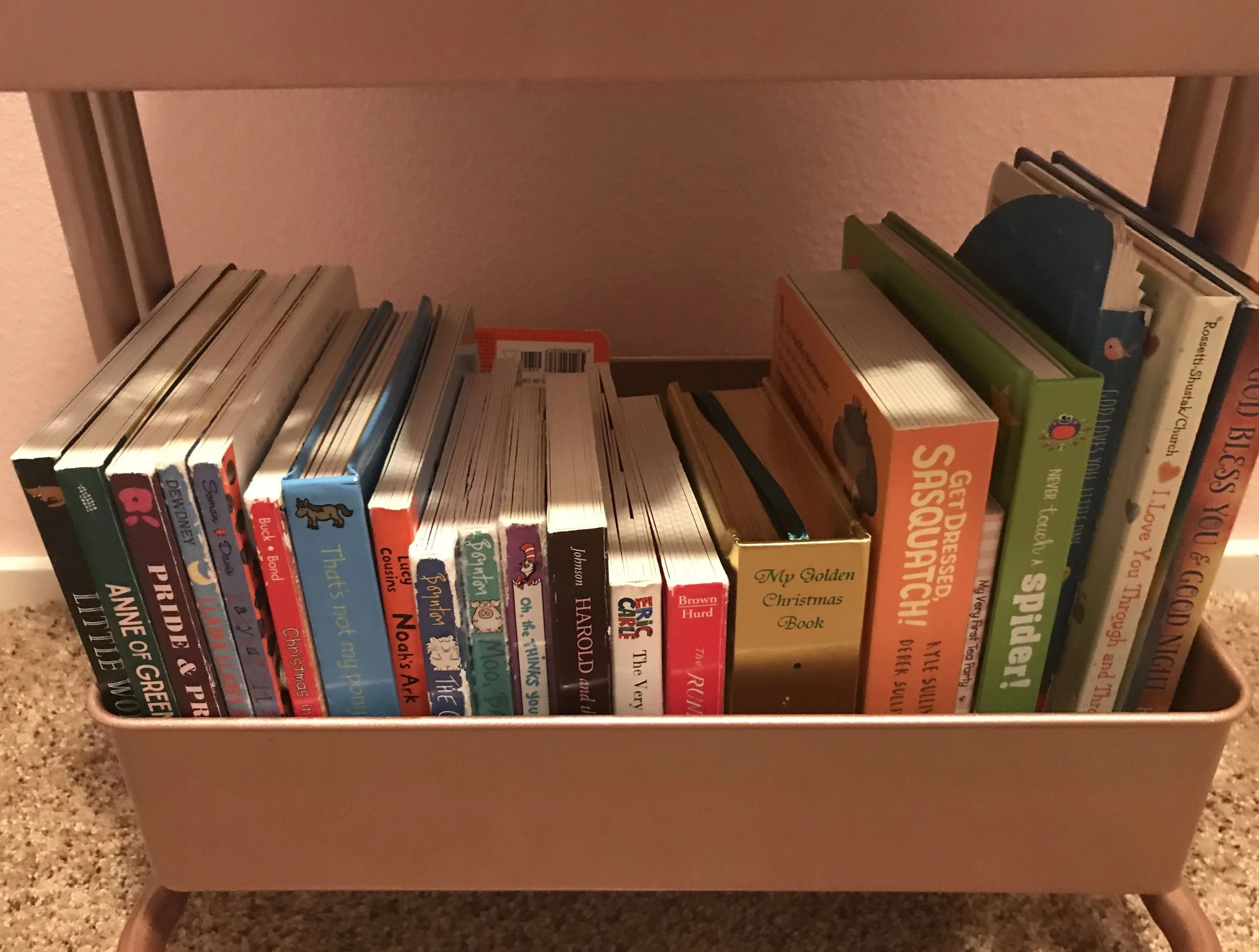 I put the heavy books at the bottom to weigh down the cart.