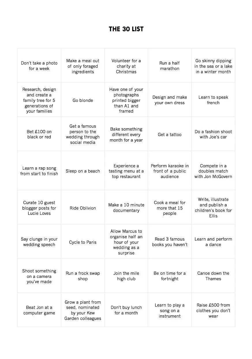 As each of us in our friendship group (my friend Marcos is blogging about his) hit the grand old age of twenty-nine, we are given a list of forty silly/funny/crazy/brilliant/scary challenges to complete before we turn 30. Think of it as a competition. The winner is the person who completes the most challenges in the year before their next birthday. Here’s my list. Don’t take a photo for a week Make a meal out of only foraged ingredients Volunteer for a charity at Christmas Run a half marathon Go skinny dipping in the sea or a lake in a winter month Research, design and create a family for 5 generations of your families Go blonde Have one of your photographs printed bigger than A1 and framed Design and make your own dress Learn to speak french Bet £100 on black or red Get a famous person to the wedding through social media Bake something different every month for a year Get a tattoo Do a fashion shoot with Joe’s car Learn a rap song from start to finish Sleep on a beach Experience a tasting menu at a top restaurant Perform karaoke in front of a public audience compete in a doubles match with Jon McGovern Curate 10 guest blogger posts for Lucie Loves Ride Oblivion Make a 10 minute documentary Cook a meal for more than 15 people Write, illustrate and publish a children’s book for Ellis Say clunge in your wedding speech Cycle to Paris Allow Marcos to organise 30 minutes of your wedding as a surprise Read three famous books you haven’t read Learn and perform a dance Shoot something you’ve made on a camera Run a frock swap shop Join the mile high club Be on time for a fortnight Canoe down the Thames Beat Jon at a computer game Grow a plant from seed, nominated by your colleagues Don’t buy lunch for a month Learn to play a song on an instrument Raise £500 from clothes you don’t wear *nominated and compiled by my friends. Where on earth do I start? Can you help me complete any of my challenges?? Drop me a line at info@luciekerley.co.uk if you’d like to help me out, or have any tips or advice. Obviously, there are some ridiculous things on this list that I couldn’t possibly do!