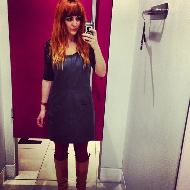 Finally get round to getting my mits on a @topshop #Boutique navy leather pinafore and they’ve only got a size 10 left! (I’m usually a 10 but this feels too big @sophieolearysmith - arghhhhh! Help! They got no 8’s 😿😿😿😿) #fateorjustbadluck #fashion #style #blogger #whattowear #inspiration #photo #me #girl #redhead #hair #print #fblogger #clothes #ootd #wiwt #instapic #outfit #whatiwore #igdaily #london #fashiondiaries #aw12 #instafashion #igers #igerslondon