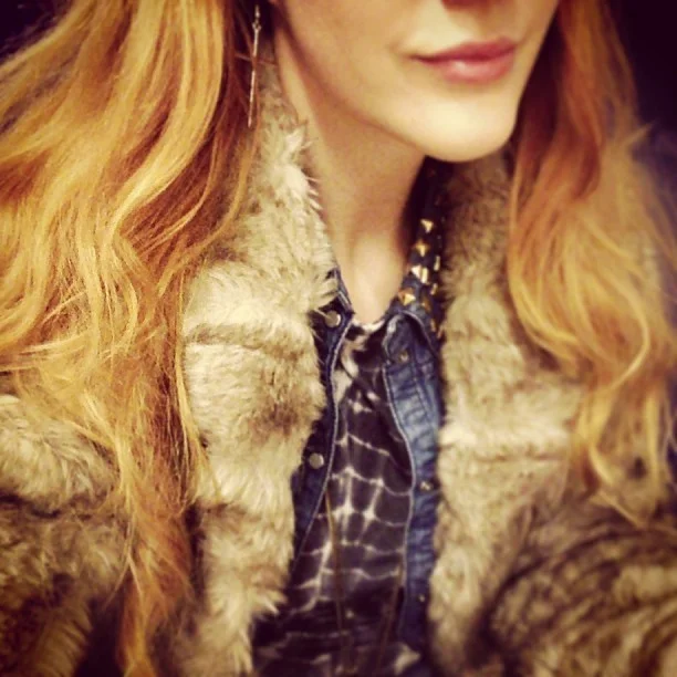 #todaywearing an assortment of texture (faux-fur), Tie-dye and denim with a smattering a studs and gold cross earrings, which I think we’re about £1 from #Primark! #Fashion #style #blogger #whattowear #inspiration #photo #me #girl #redhead #hair #print #fblogger #clothes #ootd #wiwt #instapic #outfit #whatiwore #igdaily #london #fashiondiaries #aw12 #instafashion