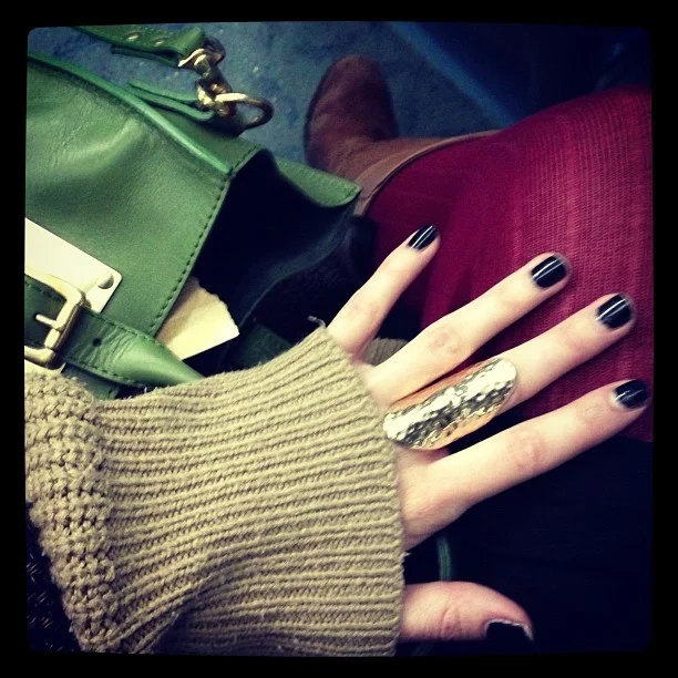 Black and gold! I bought this bargain gorgeous dimpled gold shield-like statement ring from #Primark last night for about £2! #Todayimwearing A rather festive colour palette, ruby red wool @topshop tights, @sophie_hulme @ybdfashion Green Tote bag & Coal Black #URBeautique nails. #Fashion #style #blogger #whattowear #inspiration #photo #me #girl #redhead #hair #print #fblogger #clothes #ootd #wiwt #instapic #outfit #whatiwore #igdaily #london #fashiondiaries #aw12 #instafashion #youngbritdesigners
