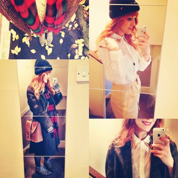 #todayimwearing @topshop white shirt, Kansas gold collar tips @eBay, @redbywolves @ybdfashion #Albia Leopard #Ponyskin Chelsea Boots, @tightsplease @charnoshosiery stripe tights, #topshop button-down skirt, vintage over-sized Rensor London tweed coat, #youngbritishdesigners @thehulot #Prussia bag, @drmartensofficial tartan scarf. @urbanoutfitters chunky knit hat. #Fashion #style #blogger #whattowear #inspiration #photo #me #girl #redhead #hair #print #fblogger #clothes #ootd #wiwt #instapic #outfit #whatiwore #igdaily #london #fashiondiaries #aw12