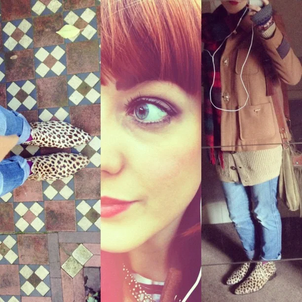 #todayimwearing my @ybdfashion @RedByWolves #Albia Leopard Ponyskin Chelsea Boots, @levis #pattyanne skinny jeans, @drmartensofficial tartan scarf, camel wool coat & chunky knit cardigan (both #Primark) @BECCACosmetics #BalearicLove Eyeshadow, @TheBodyShopUK lip & cheek tint, #Boots #NaturalCollection Translucent Mineral Foundation, £1.99, @Chanel vitalumiere liquid foundation and a touch of @avon_uk bronzer, @esteelauder doublewear concealer under eyes, and @dior #Diorshow Mascara. #Fashion #style #blogger #whattowear #inspiration #photo #me #girl #redhead #hair #print #fblogger #clothes #ootd #wiwt #instapic #outfit #whatiwore #igdaily #london #fashiondiaries