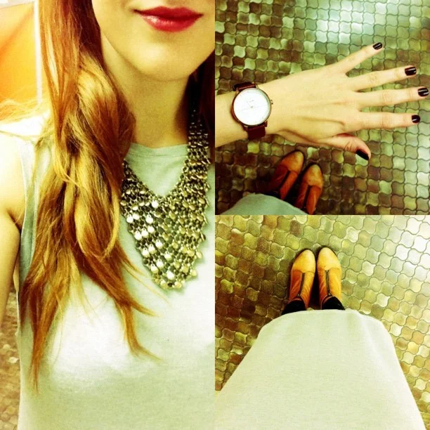 #todayimwearing my day-to-night #sportsluxe #workwear outfit. @topshop faux-leather leggings & silver-grey midi dress, with tan zip-up ankle boots, #10 pink #YSL #Beaute lips and a @forever21 #chainmail #statement necklace and a @nixon_now #TheKensington watch. #fashion #style #blogger #whattowear #inspiration #photo #me #girl #redhead #hair #print #fblogger #clothes #ootd #wiwt #instapic #outfit #whatiwore #igdaily #london #fashiondiaries #aw12