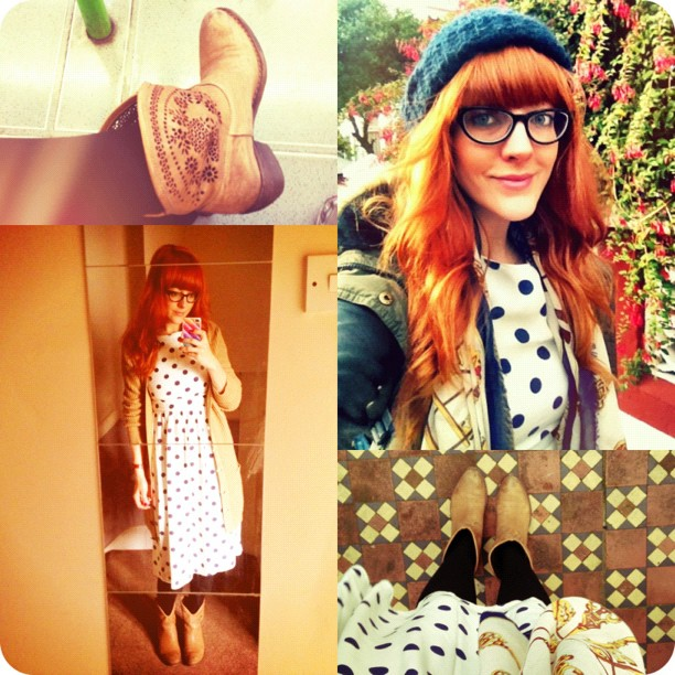 #todayimwearing my @topshop navy & white polkadot midi dress, @ybdfashion @LamaPeach #Paige boots, black wool tights, layered up with a grey marl #Linea top (worn underneath) and a camel chunky knit #primark cardigan. Parka: Primark, Hat: Topshop, Scarf: @river_island & Specsavers #glasses. #fashion #style #blogger #whattowear #inspiration #photo #me #girl #redhead #hair #print #fblogger #clothes #ootd #wiwt #instapic #outfit #whatiwore #igdaily #London #fashiondiaries #glasses (Taken with Instagram )