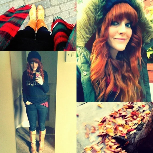 I absolutely love Autumn! The leaves on my street match my newly dyed #flamingcopper red hair! #todayimwearing my @topshop garçon knit, my #leigh black skinny jeans, @next_official tan leather riding boots, my @drmartensofficial tartan scarf and my #primark khaki parka jacket. #Fashion #style #blogger #whattowear #inspiration #photo #me #girl #redhead #hair #print #fblogger #clothes #ootd #wiwt #instapic #outfit #whatiwore #igdaily #london #instagood #autumn #leaves #england #loreal (Taken with Instagram )