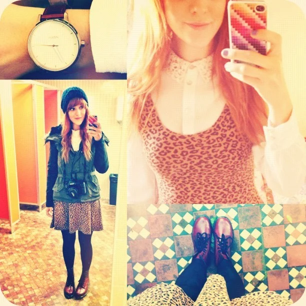 #todayimwearing my @topshop leopard print skater dress over a cream crochet collar crepe blouse, #CherryRed @drmartensofficial #1460 style DM’s and my new #Primark khaki parka coat with faux leather sleeves, a bargain at £25! With my @nixon_now #TheKensington watch as #armcandy. #Fashion #style #blogger #whattowear #inspiration #photo #me #girl #redhead #hair #print #fblogger #clothes #ootd #wiwt #instapic #outfit #whatiwore #igdaily (Taken with Instagram )