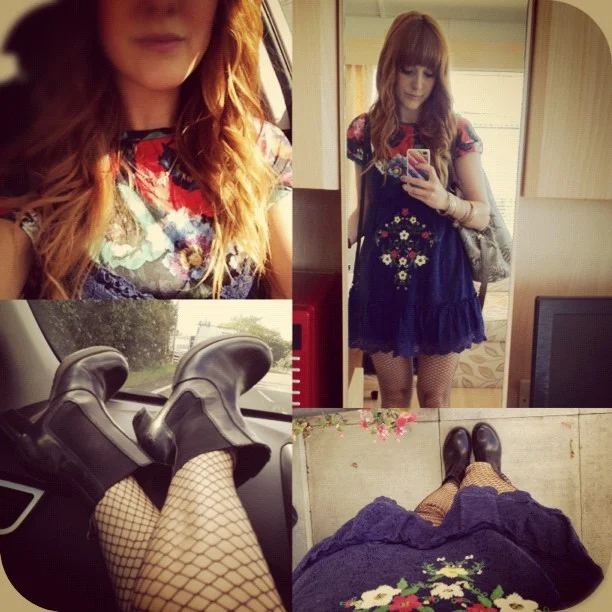 #todayimwearing my @topshop oversized poppy tee, a @forever21 embroidered sundress, @tightsplease #Burleqsue Midi-net hold-ups, & my @drmartens heeled Chelsea boots. #Fashion #style #blogger #whattowear #inspiration #photo #me #girl #redhead #hair #print #fblogger #clothes #ootd #wiwt #instapic #outfit #whatiwore #igdaily (Taken with Instagram )