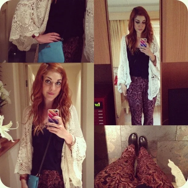 Taking my #todayimwearing #ootd from #DayToNight by adding a pair of @drmartens heeled Chelsea boots & a @topshop crochet kimono to my new @zara silk printed trousers, navy vest and mango turquoise bag. A touch-up to my daytime makeup shifts it into evening-mode (Urban Decay Naked 2 eyeshadow palette is GREAT for a heavier eye, with a sweep of #Rimmel black liquid eyeliner and #MAC kohl eye pencil) Add to that a ‘sophisticated’ side-parting for the hair 'do and you’re ready! #Fashion #style #blogger #whattowear #inspiration #photo #me #girl #redhead #hair #print #fblogger #clothes #ootd #wiwt #instapic #outfit #whatiwore #igdaily #evening (Taken with Instagram )