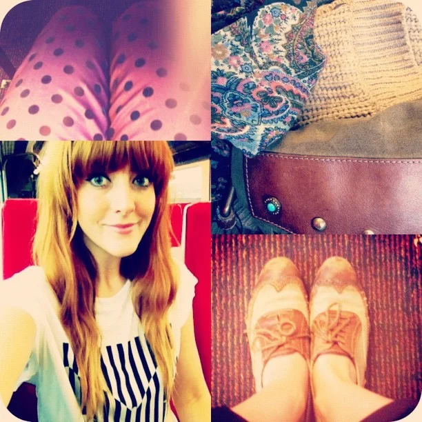 #todayimwearing A limited edition @marksandspencer geometric butterfly print oversized tee, new #primark plum coloured tapered trousers with black velvet polkadots, my old @topshop brogues and a big old chunky knit camel coloured cardigan & paisley scarf for good measure! #Fashion #style #blogger #whattowear #inspiration #photo #me #girl #redhead #hair #print #fblogger #clothes #ootd #wiwt #instapic #outfit (Taken with Instagram )