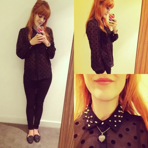 Yesterday’s #todayimwearing #outfit number 2 after the button popping incident. A sheer (bit too sheer for the office :-S) polkadot & studded collar #primark shirt, @topshop #leigh black skinny jeans & #vectra studded pumps. I’m not used to wearing all black! #fashion #blogger #style #wardrobe #malfunction #whattowear #studs #me #girl #photo #ootd #inspiration #shoes #iphone #selfie (Taken with Instagram )
