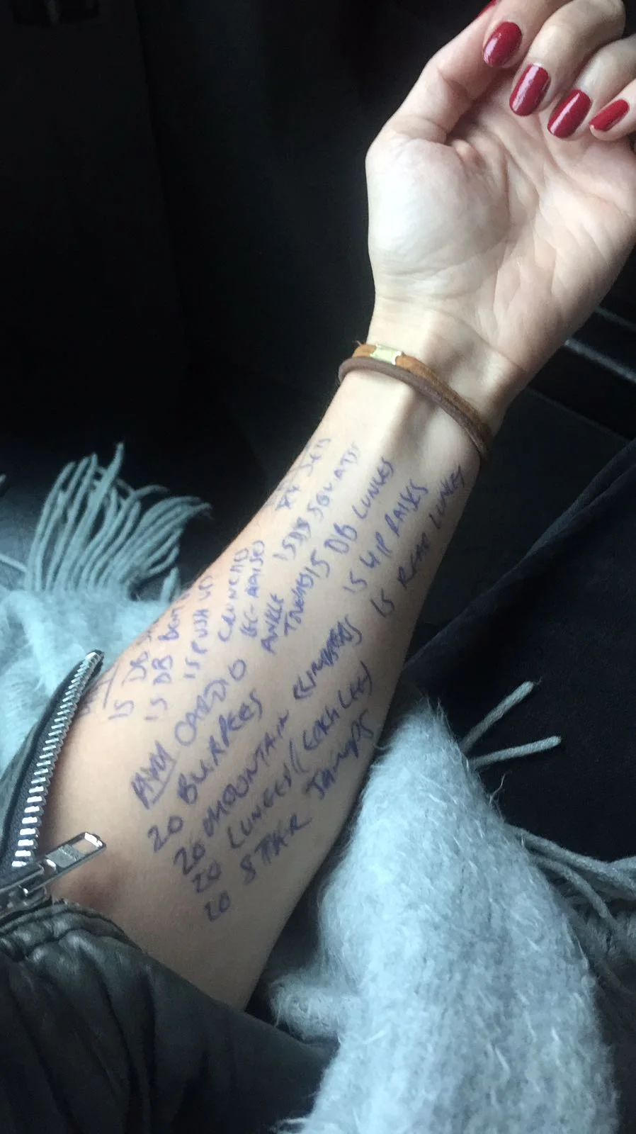 My arm, on the morning of that day I went into solitary confinement (like something out of Memento) with all of my exercises off my PT, Richard Burrell , scribbled down in biro!