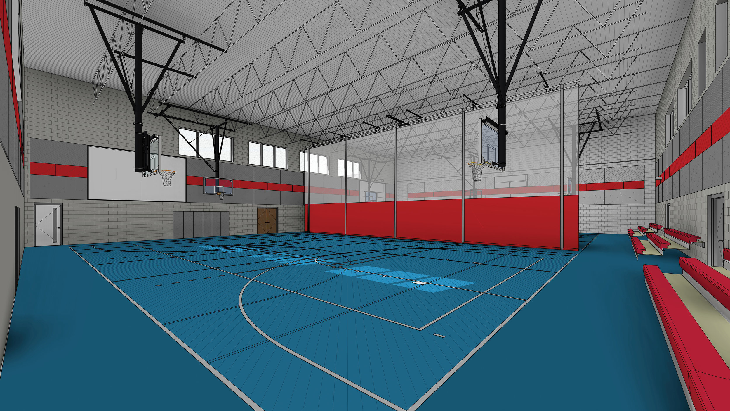 A rendering of the inside of the arena that will house basketball and volleyball courts with a roll-down divider.