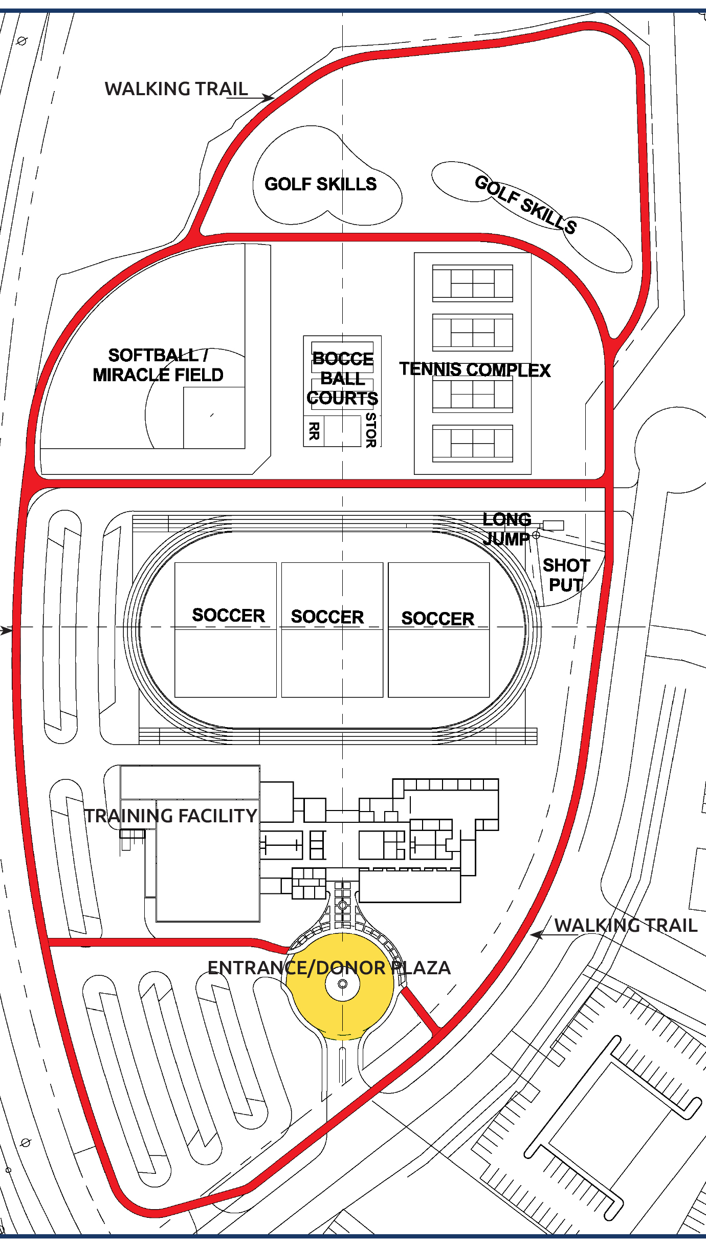 The 16.5-acre Training for Life Campus will feature training areas for many different sports. The TLC Tribute Trail, indicated above in red, begins at the Donor Plaza (to be located near the drop-off building entrance in yellow) and winds around the campus, offering opportunities for scenic strolls or exercise walking with tribute markers along the way.