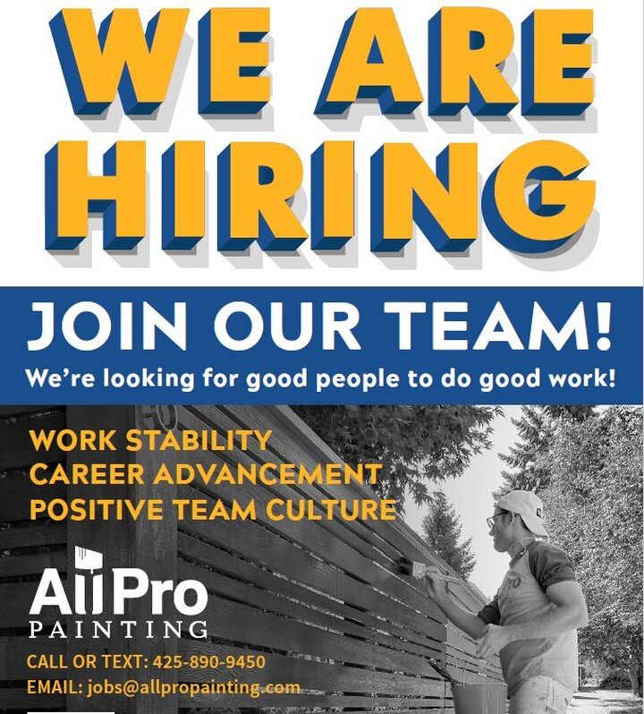 We are looking for good people to do good work!!
We are currently hiring painters of all positions to join our team.
If you (our someone you know) might be interested, contact us today!
https://www.allpropainting.com/jointheteam
#allpropainting #were