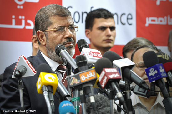 Mohamed Morsi pictured as early vote counts suggested he would become the first democratically elected president of Egypt, June 2012. Photo: Jonathan Rashad