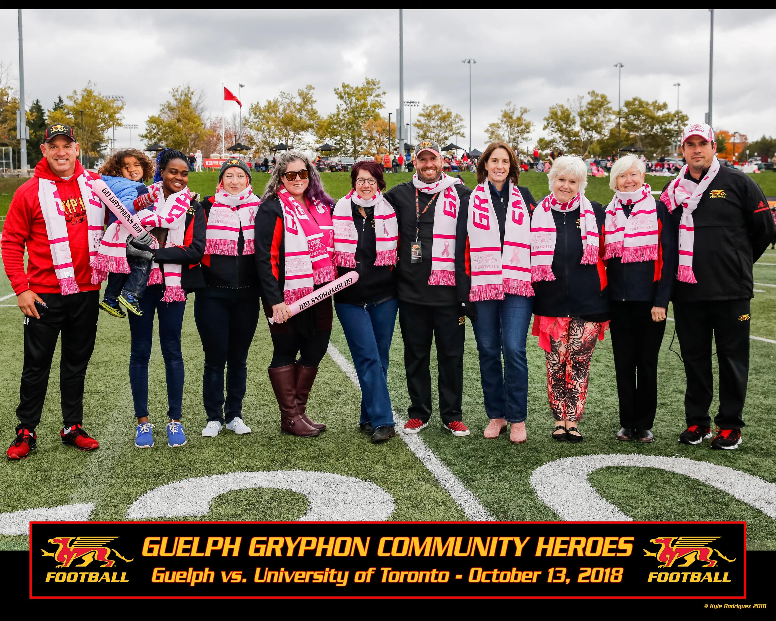 From left: Doug Pflug (Gryphon Football), Nia Dennis, Hayley Kellett, Jacqueline Morris, Shoshanah Jacobs, Scott McRoberts, Brenda Gibson, Lisa Browning, Rosalind Slater, Head Coach Todd Galloway