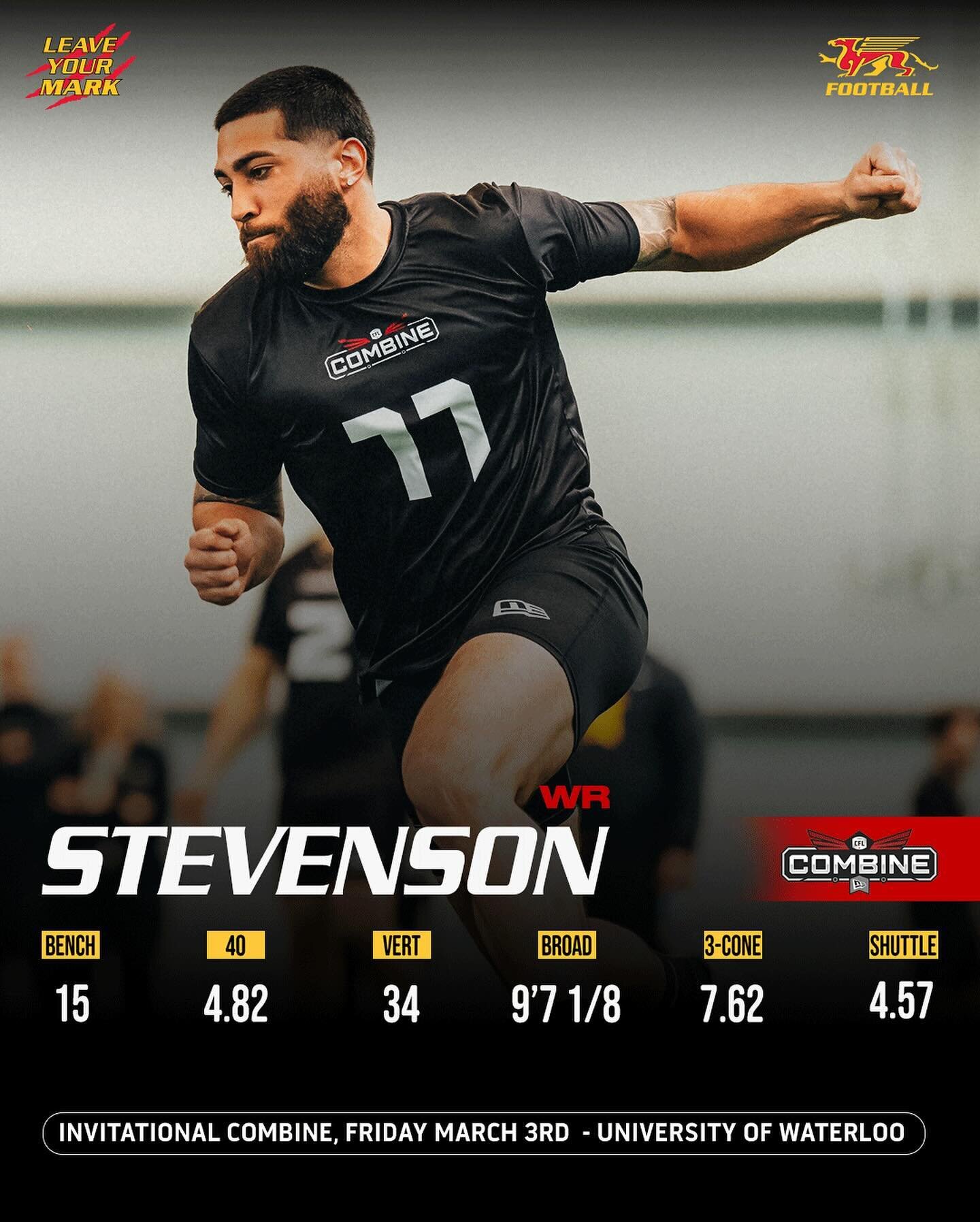 👏🏽We&rsquo;re thrilled with our Gryphons&rsquo; performance at the Invitational @cfl Combine in Waterloo! Take a look at their impressive individual testing scores. 

A big shoutout to Kaine Stevenson for earning an invitation to the National CFL C