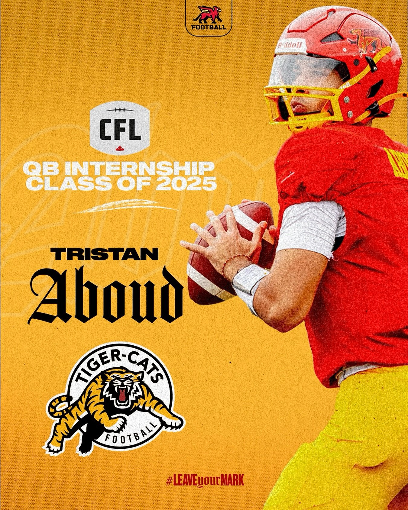 Congratulations to @tristan_aboud.8! Tristan has been selected as 1 of 9 @usportsca QB's to participate in this year's @cfl "QB Internship Program".
Aboud will join the @hamiltontigercats as part of both their rookie and training camp! #Le