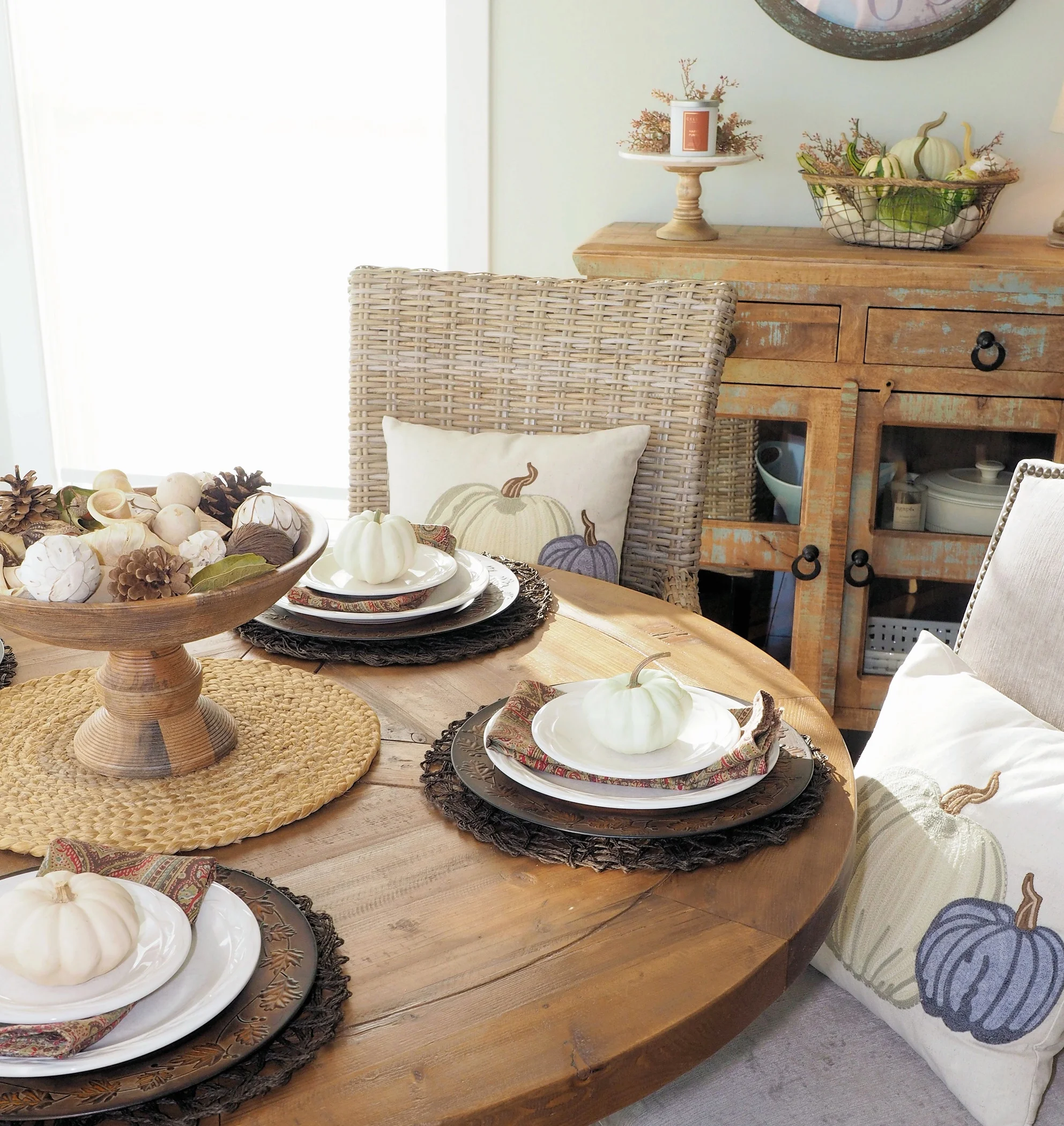 Breakfast room table setting is casual with fall chargers and my white dishes. I may change out the centerpiece but at this point, I need to simply call it a day and wrap up this fall season of decorating and tweaking! It's a never-ending project with me sometimes! Our table is the 48" salvaged wood table from Restoration Hardware. I have found a slightly smaller table on Amazon with the exact same pedestal and almost half the price! Click HERE ! 