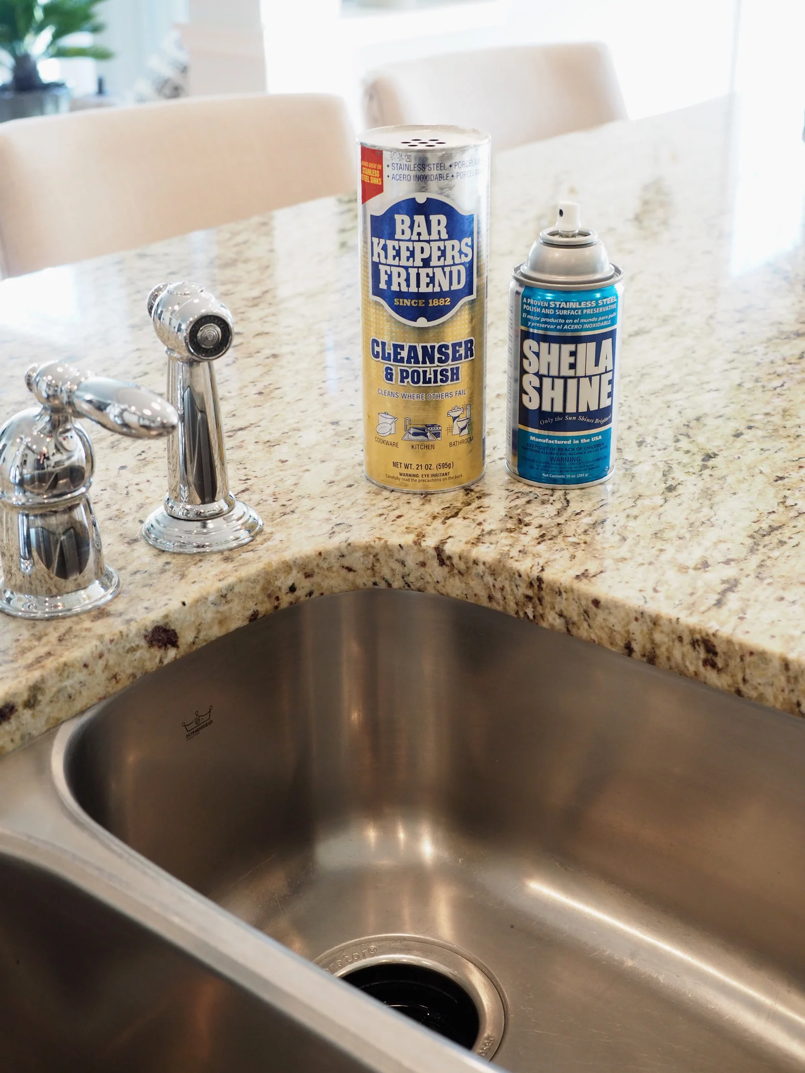 Next up ... Scrub that sink! Whether you have stainless or porcelain, Bar Keepers Friend is the one for the job! I use a light duty scrubbing sponge on my sink and cookware and the results are fantastic. If you have a stained porcelain sink, you really should try this product. After cleaning the sink, sometimes I spray on a little Sheila Shine and wipe it out with a paper towel. Looks great!