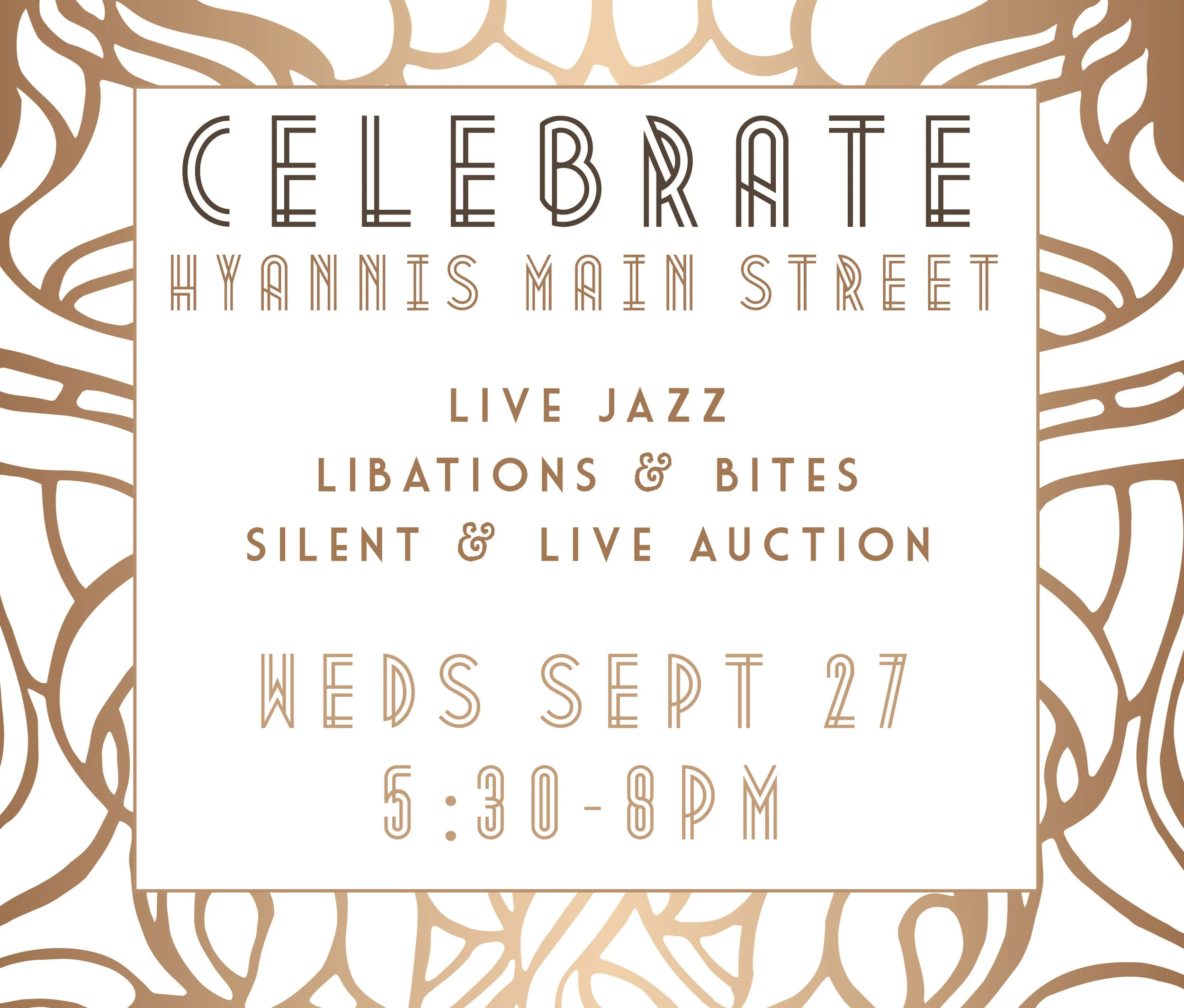 Celebrate Hyannis Main Street at their annual fundraiser at The West End! Live Jazz, Snacks & Libations plus an awesome live & silent auction! Festive dress encouraged... think Roarin' 20's! $10
