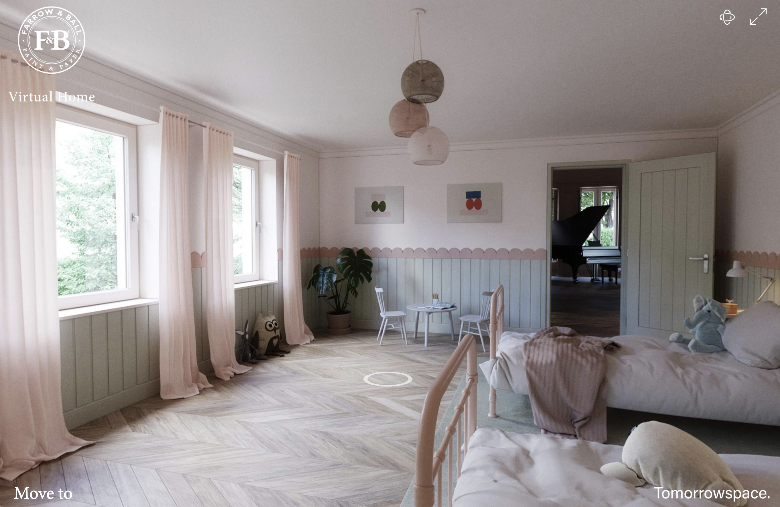 A children's bedroom with light pink curtains, white walls, and framed abstract art. There is a bed with stuffed animals, small white chairs, and a potted plant, with a view into a hall that contains a grand piano.